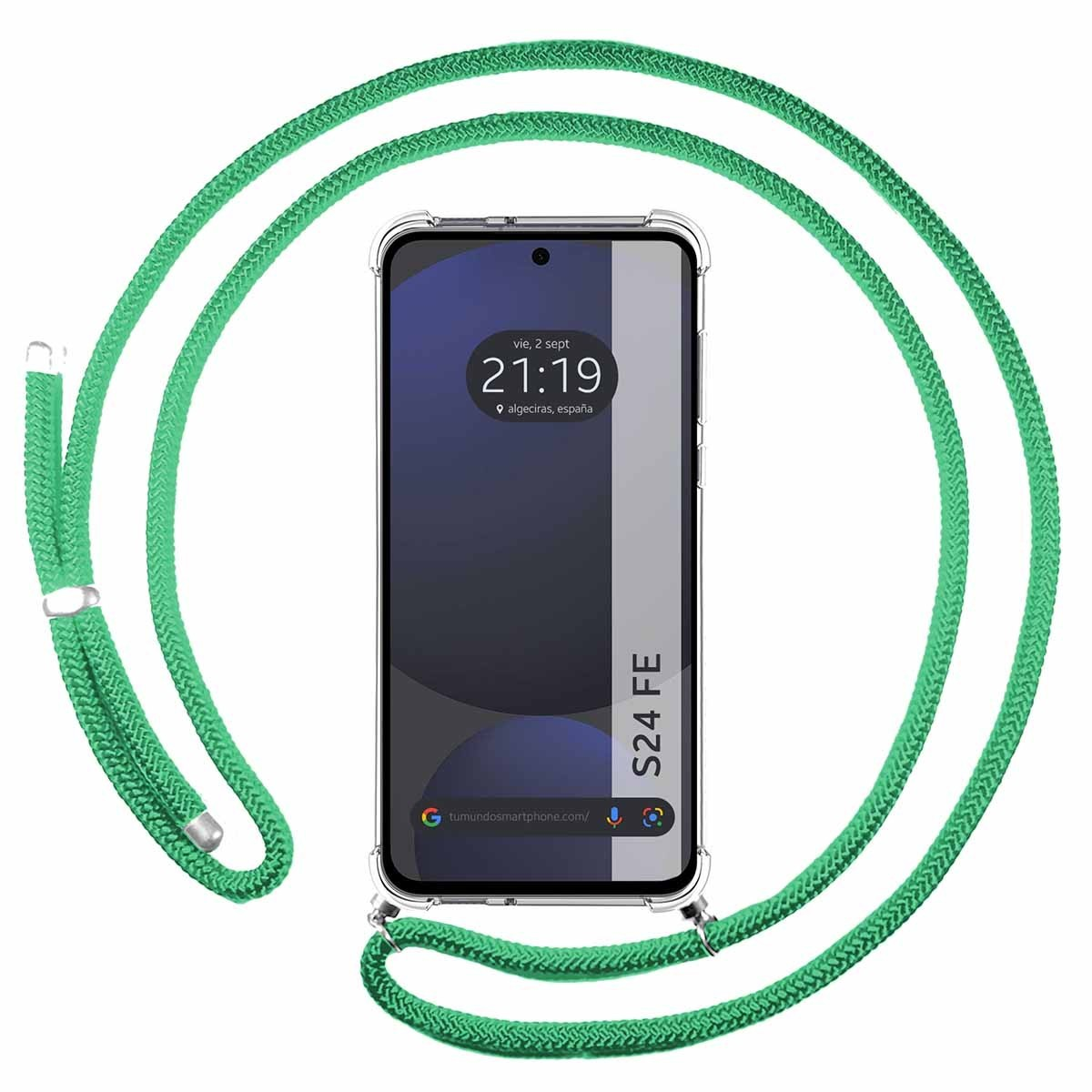 Telefono S24 FE con cordino verde. Lo schermo mostra ora e data.