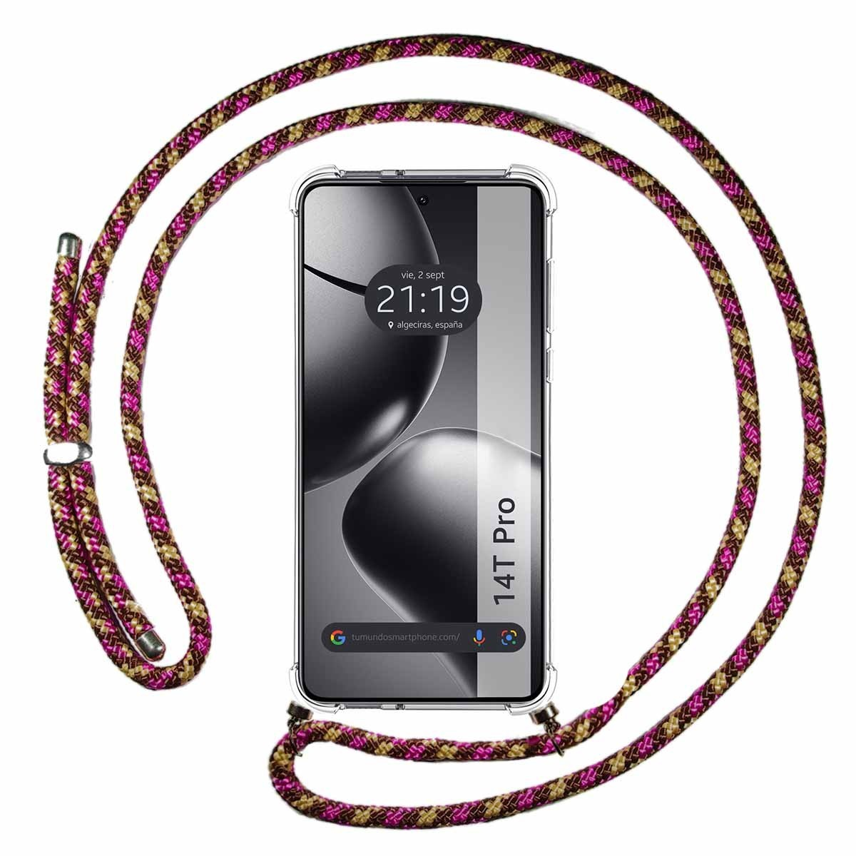 Uno smartphone con un cordino, che mostra l'ora e la posizione sullo schermo.