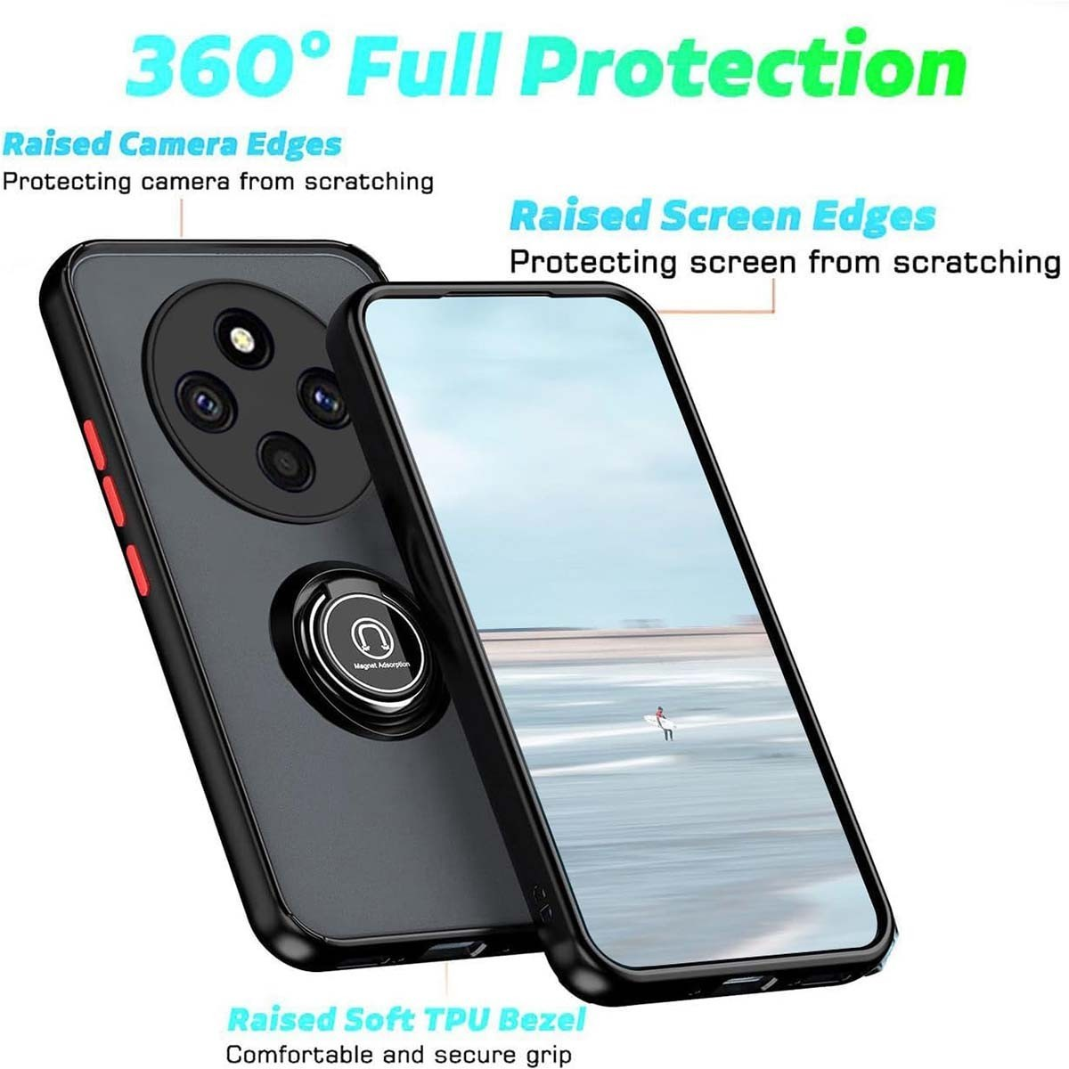 Custodia per telefono, nera e grigia, con protezione schermo. Bordi rialzati proteggono fotocamera e schermo.