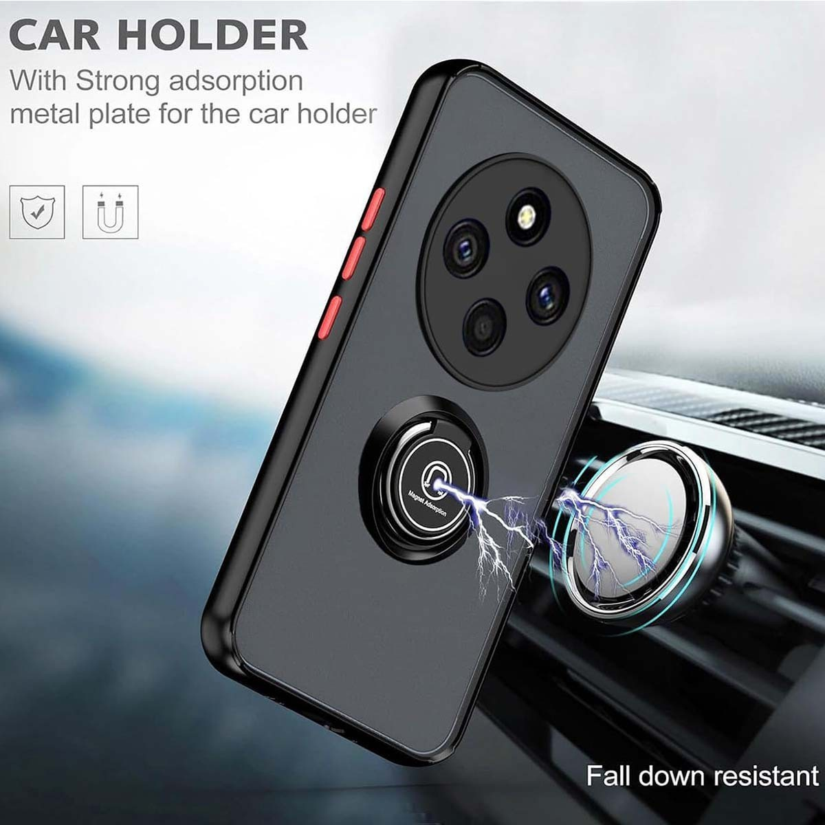 Supporto per auto con custodia del telefono, piastra metallica e attrazione magnetica.