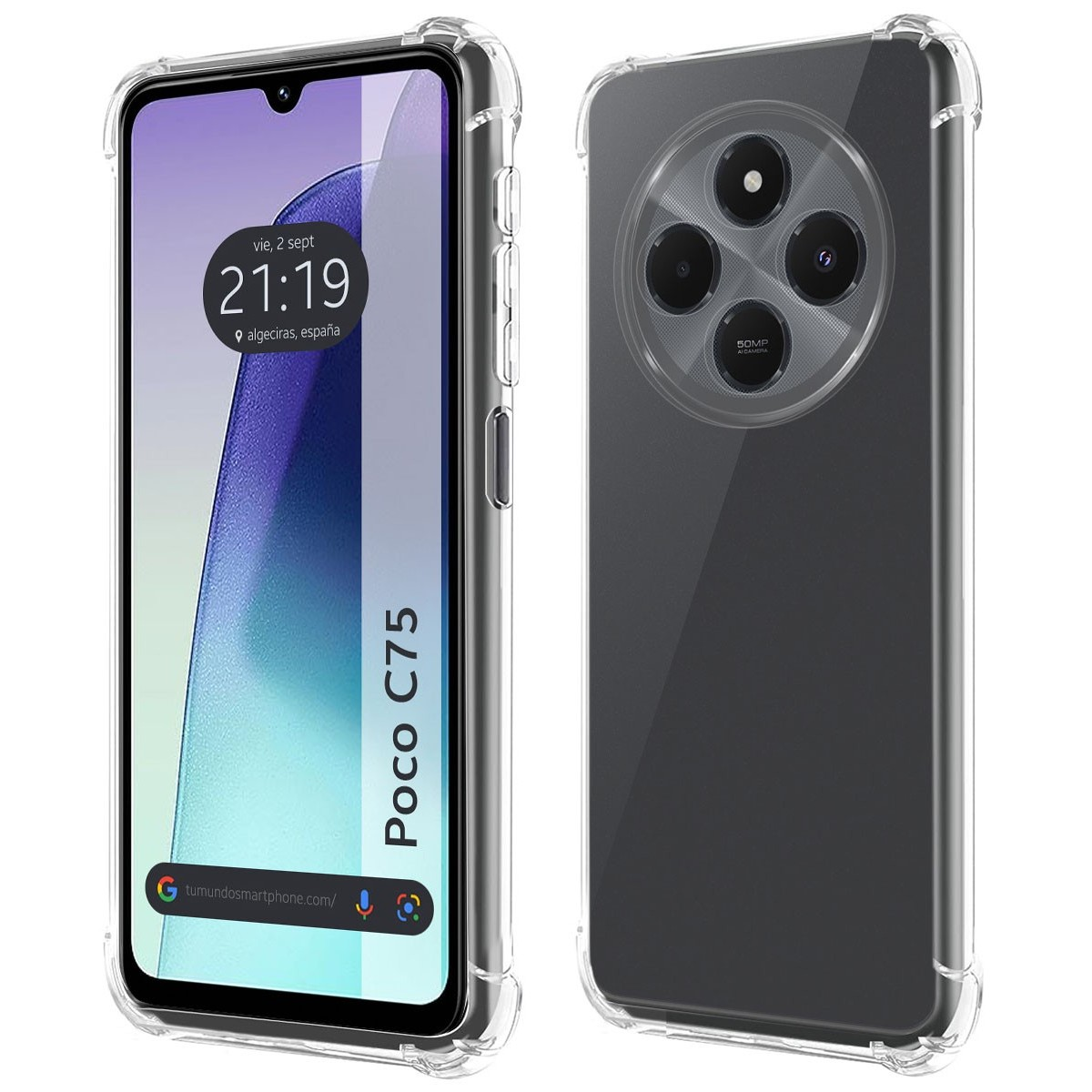 Custodia per telefono con bordi trasparenti e smartphone con visualizzazione dell'ora.