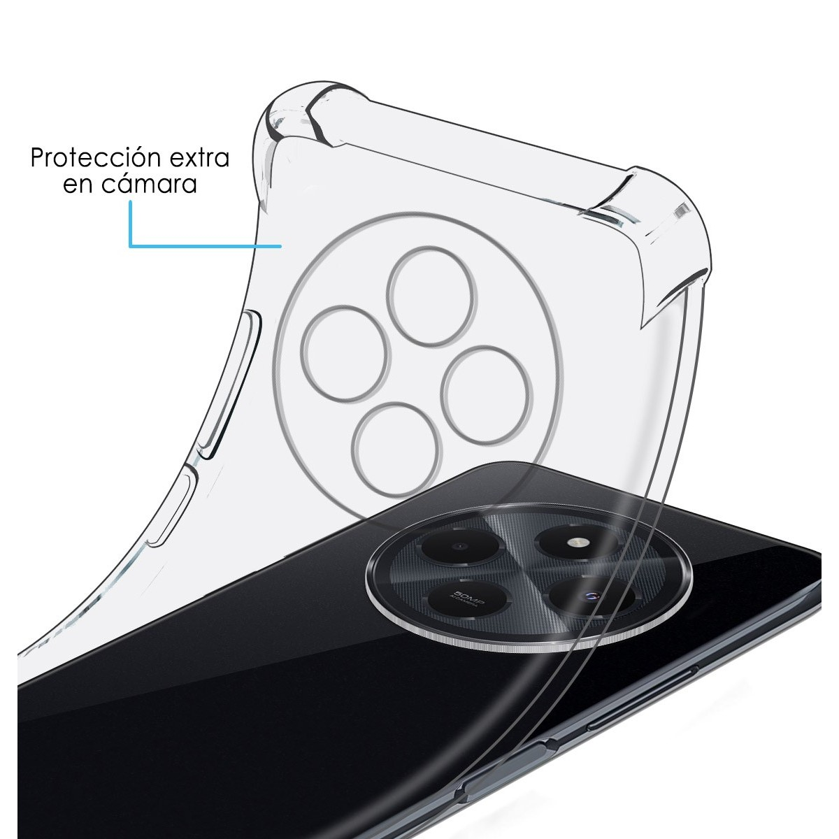 Una custodia trasparente su un telefono nero, che mostra l'area della fotocamera. La custodia ha una protezione extra.