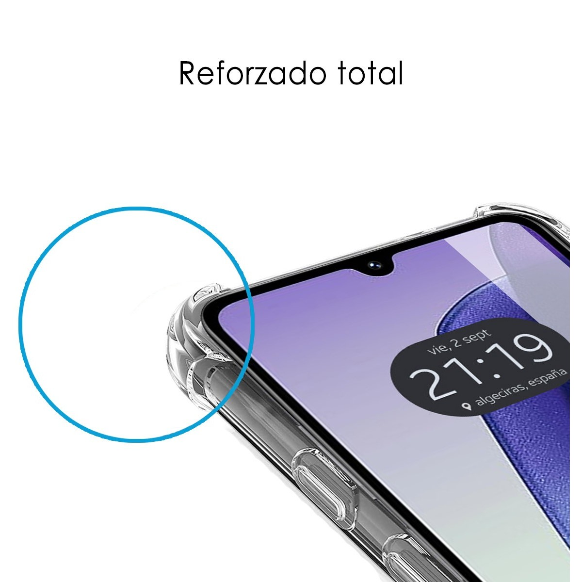 Primo piano dello schermo di un telefono che mostra l'ora e una custodia.