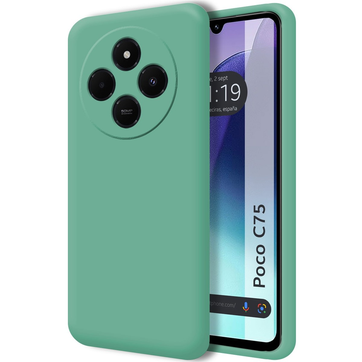 Custodia verde per telefono con telefono all'interno. Lo schermo del telefono è acceso e mostra l'ora e il luogo.