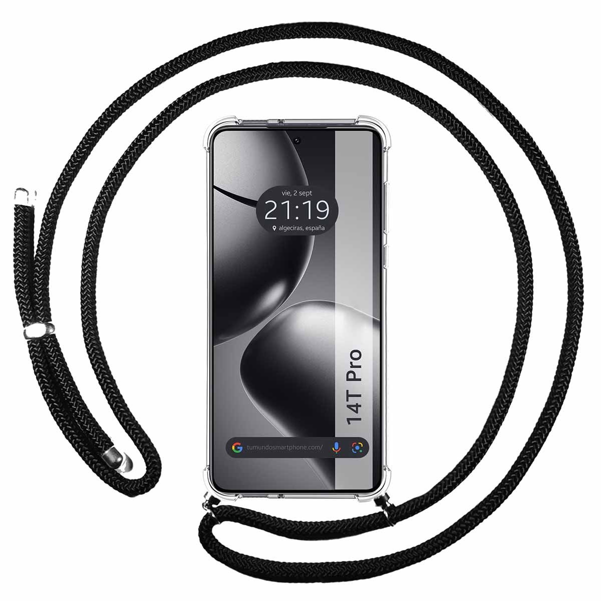 Uno smartphone con un cordino nero, che mostra l'ora e la posizione sullo schermo.