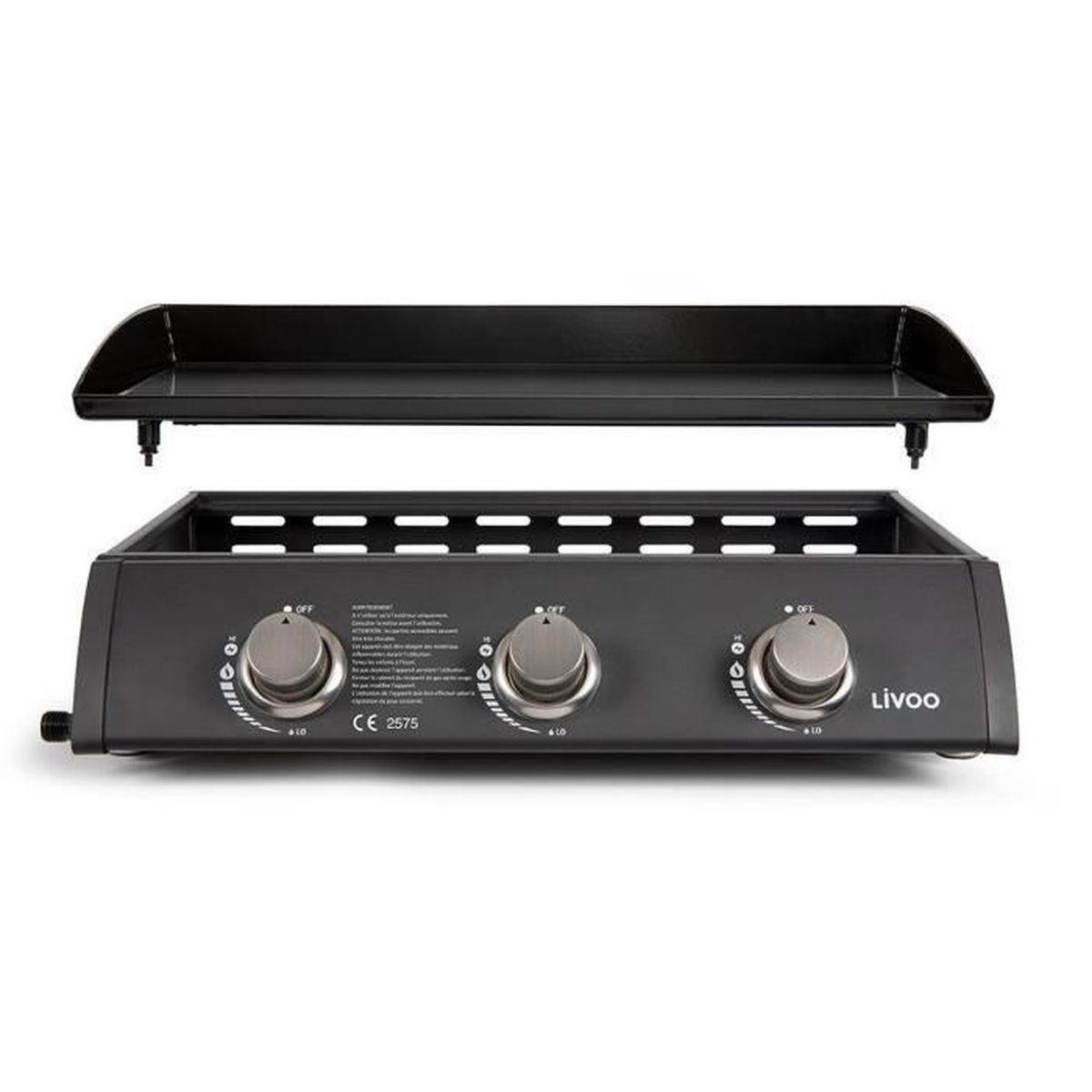 Schwarzer Gasgrill mit drei Knöpfen. Oberteil ist abgenommen.