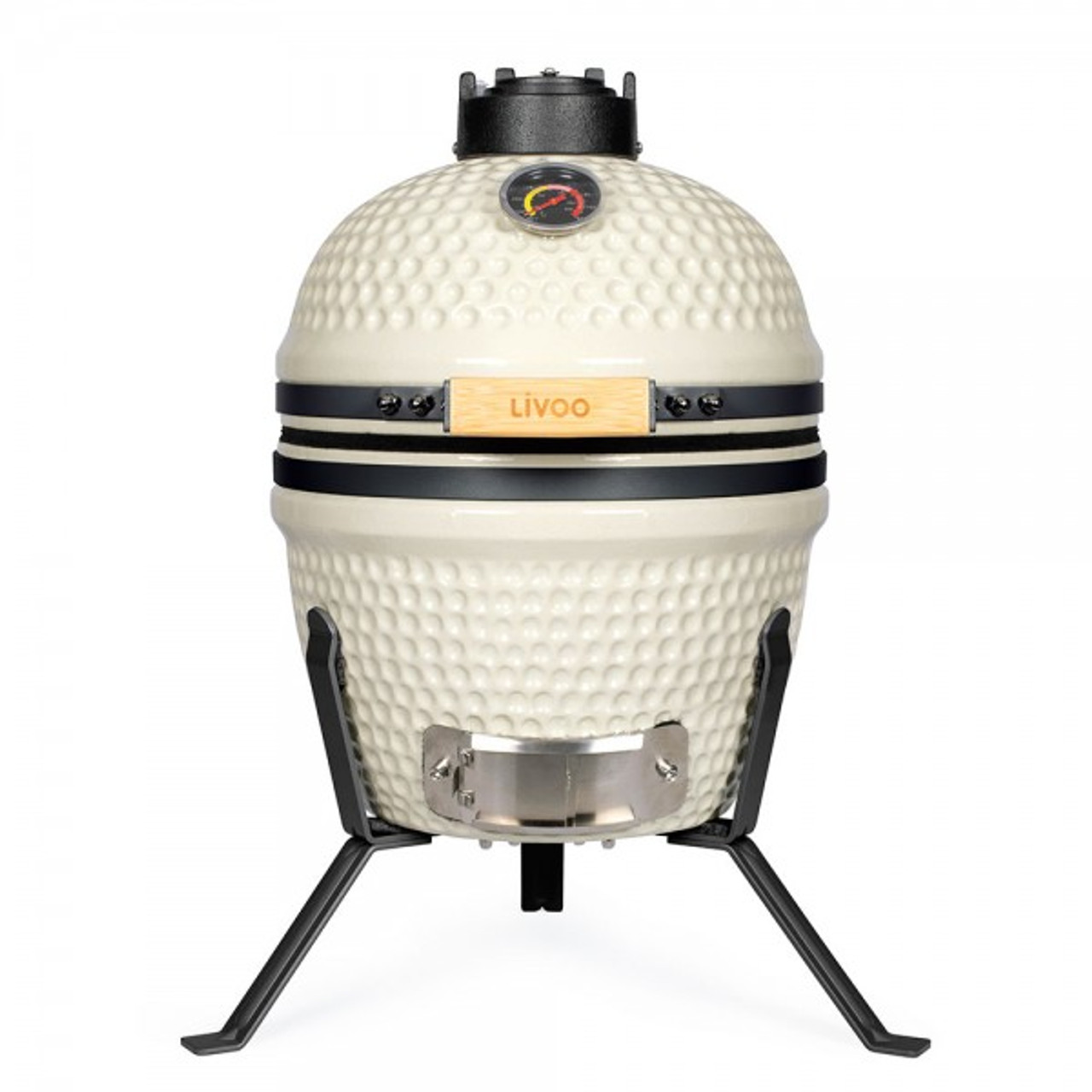 Eiförmiger Grill mit Thermometer. Schwarze Beine und Bänder. Holzgriff. Weißer Hintergrund.