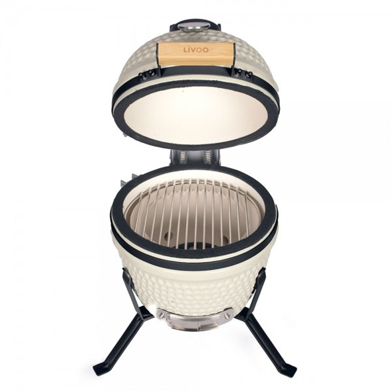 Ein keramischer Livoo-Grill mit geöffnetem Deckel, der das Innere mit einem Grillrost zeigt.