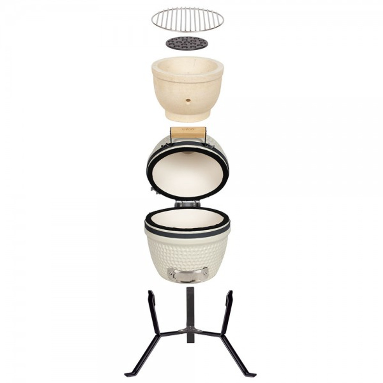 Zerlegter Keramikgrill mit Ständer. Enthält Feuerbox, Ascheauffänger und Kochrost.
