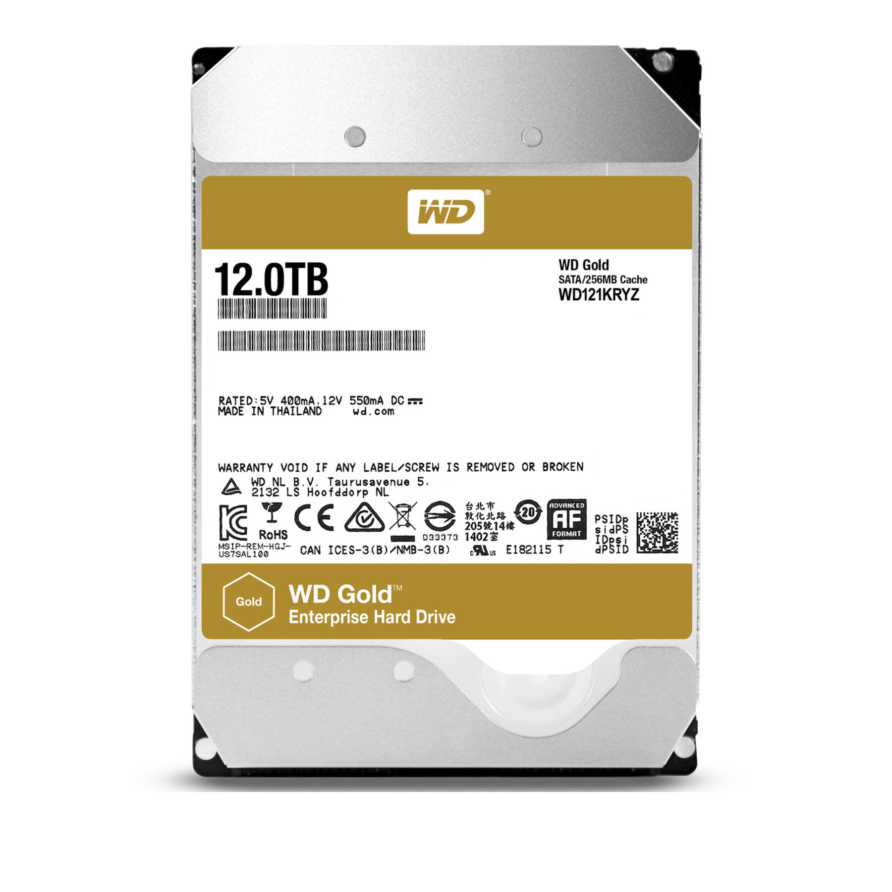 Dysk twardy WD Gold 12TB, z oznaczeniami specyfikacji i logo marki.