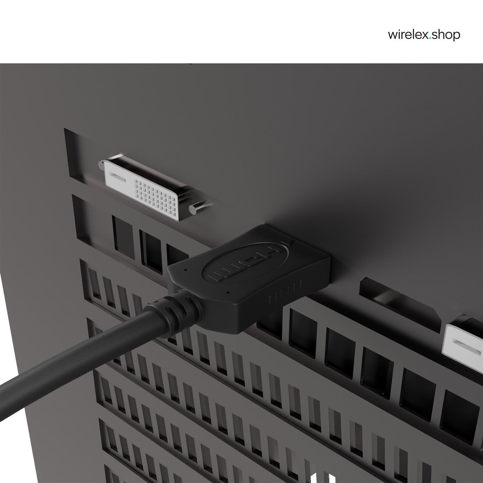 Ein schwarzes Gerät mit HDMI-Kabel und DVI-Anschluss, das Gerät hat Lüftungslöcher.