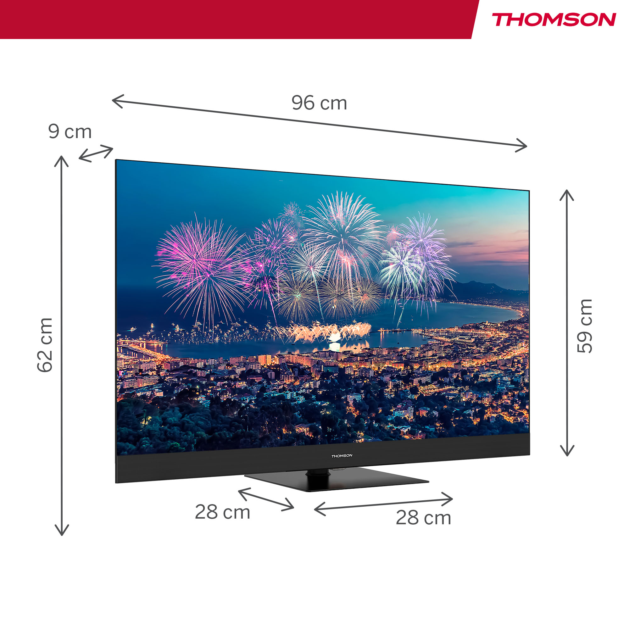 Thomson TV met vuurwerk boven een stad, met afmetingsmarkeringen.