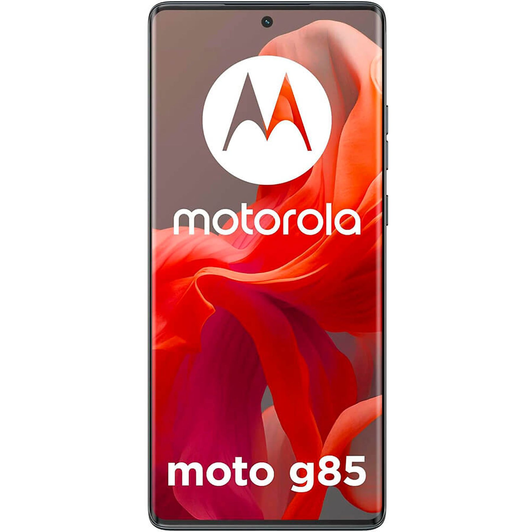 Telefono Motorola Moto g85. Lo schermo mostra un design astratto floreale rosso con il logo Motorola.