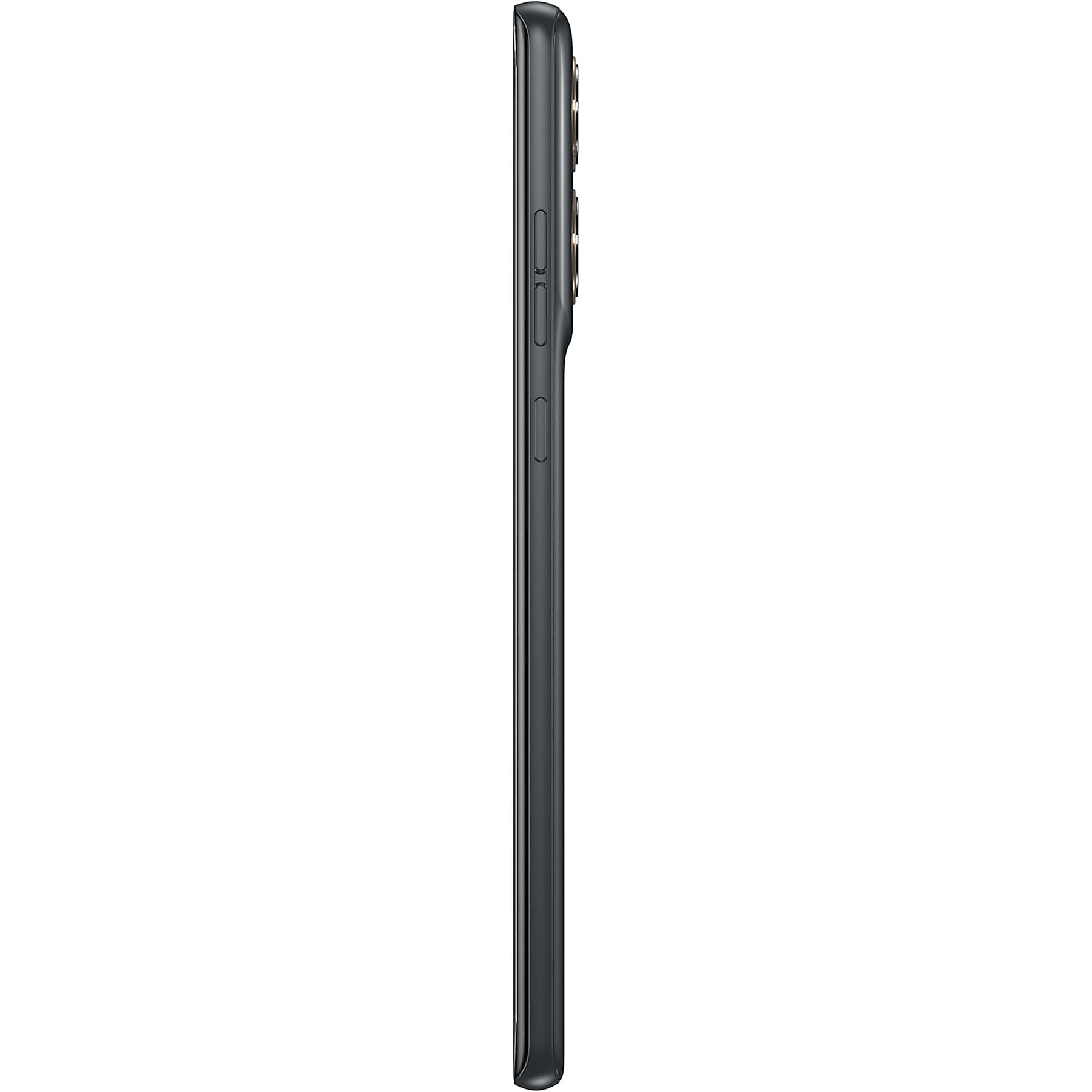Vista laterale di uno smartphone nero con pulsanti laterali. Sfondo nero.