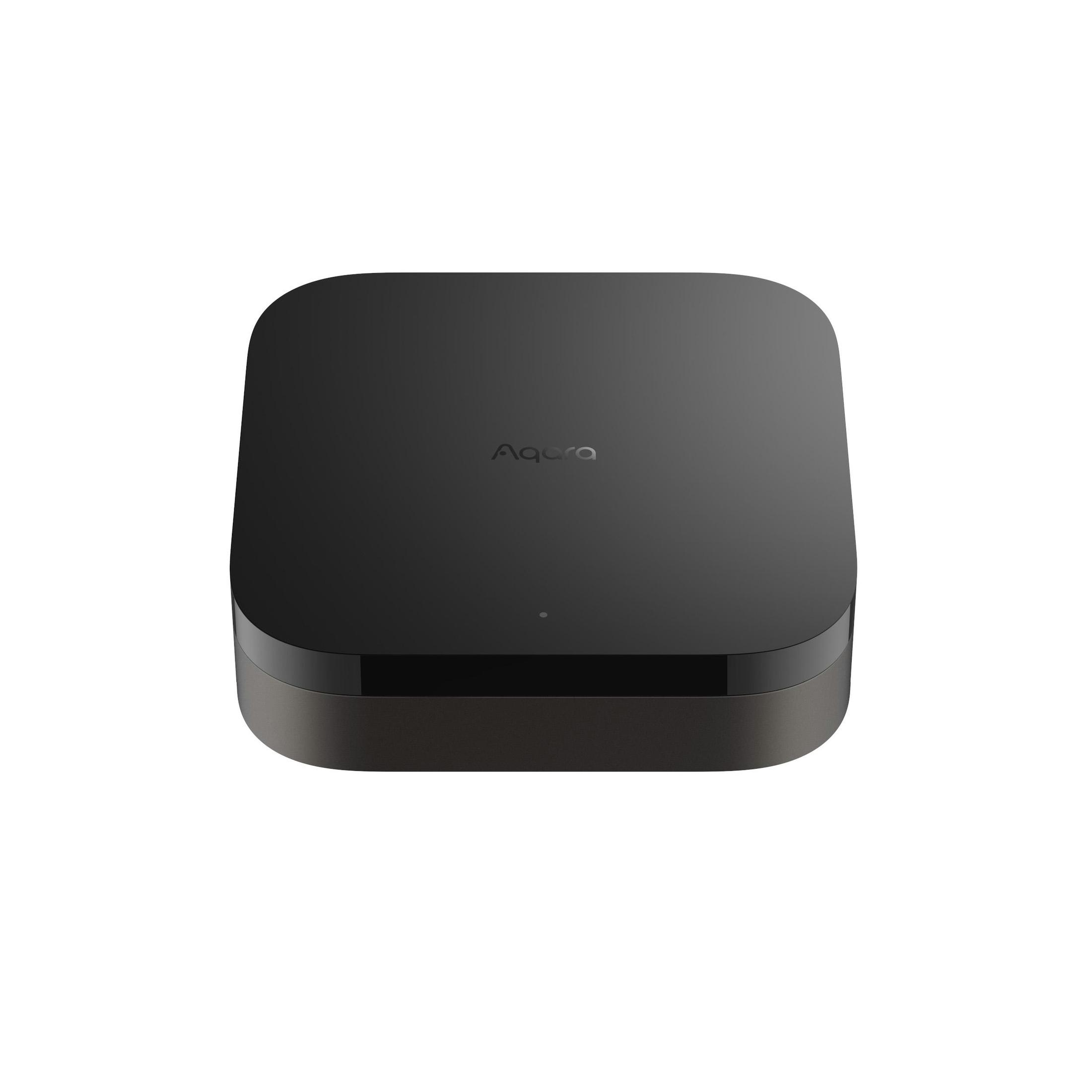 Schwarzer, quadratischer Aqara Smart Home Hub. Draufsicht, Aqara-Logo sichtbar. Auf weißem Hintergrund.