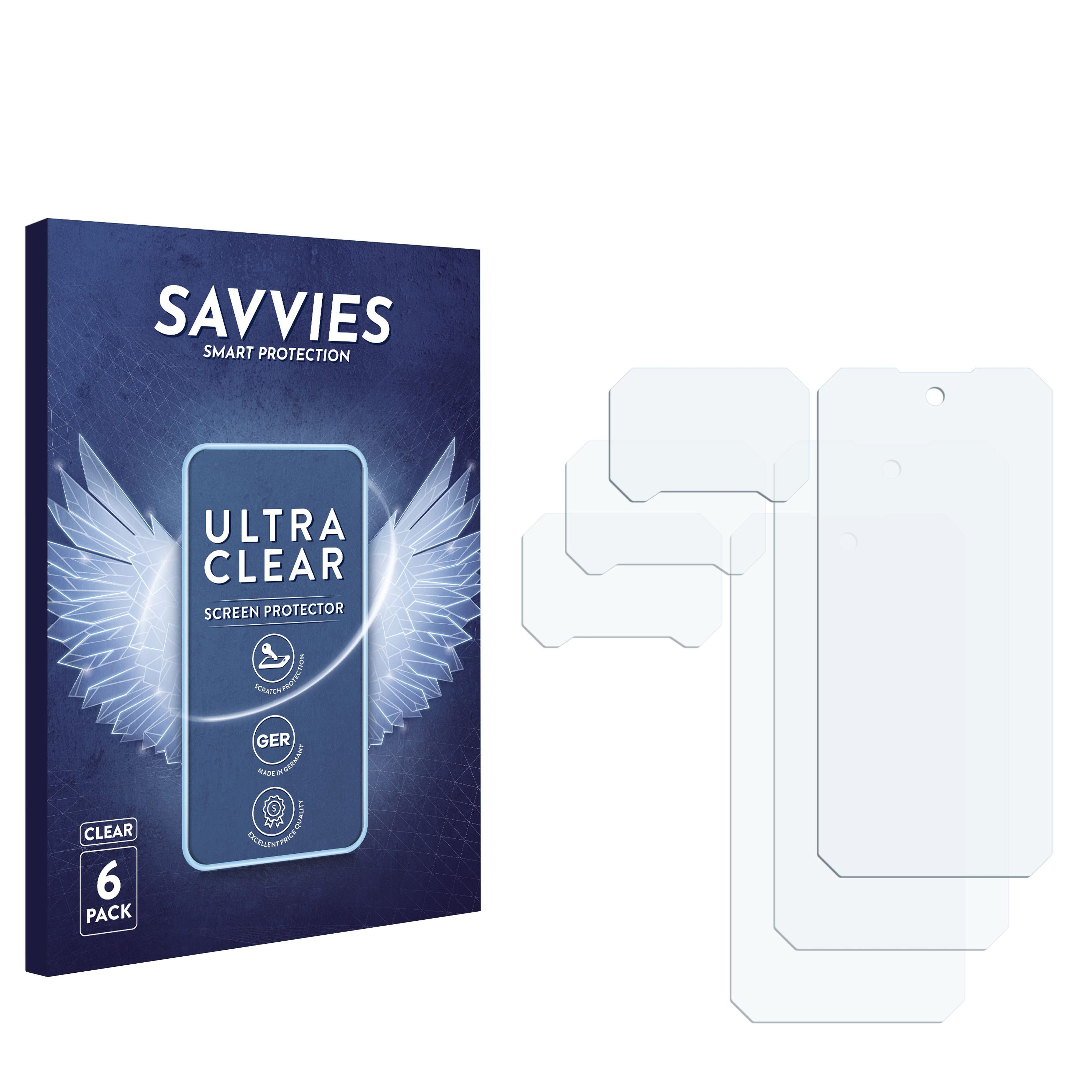 Displayschutzverpackung und sechs klare Displayschutzfolien mit Aussparungen.