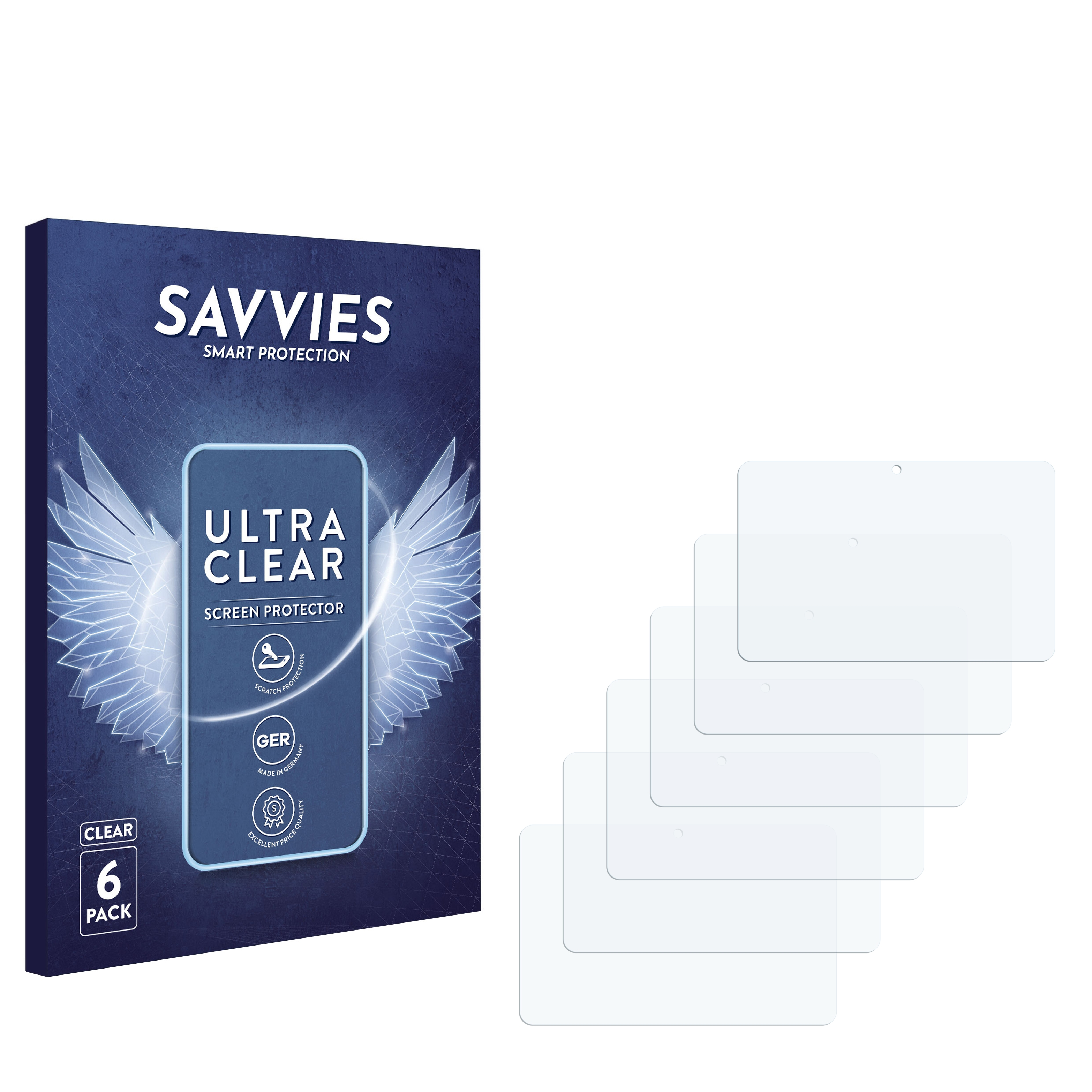 Schachtel mit Displayschutzfolien mit klaren Protektoren. Es ist ein 6er-Pack mit Flügel-Logo.