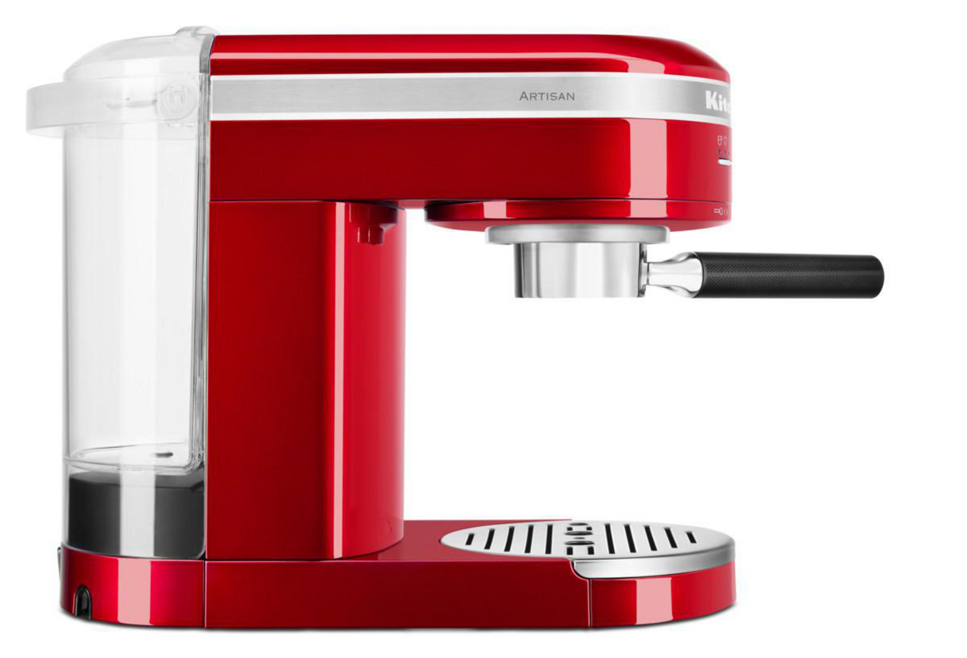 Rote KitchenAid Espressomaschine mit Wassertank, Siebträger und schwarzem Griff.