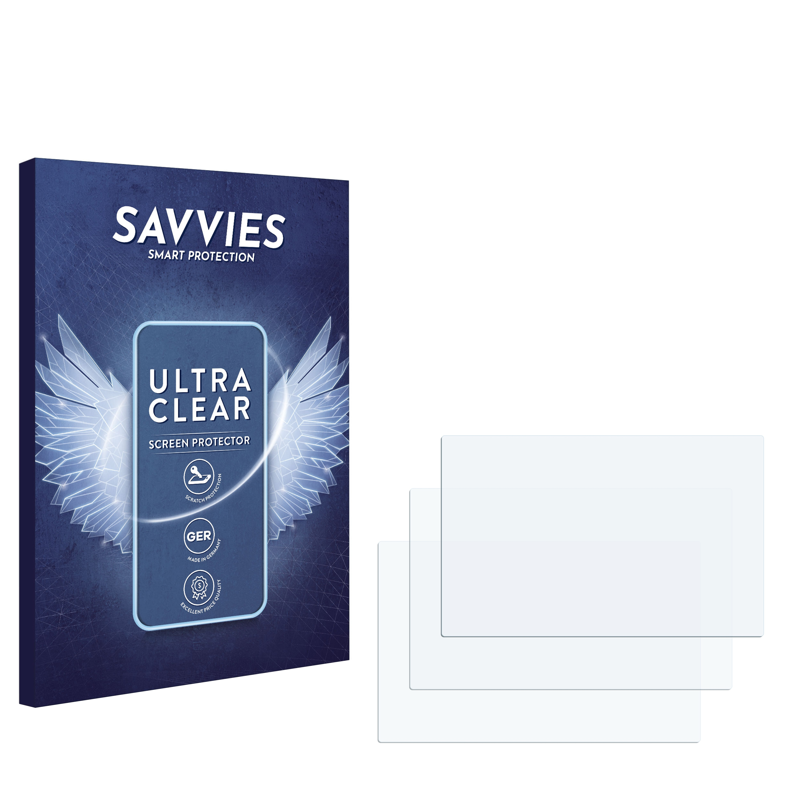 Verpackung für Displayschutzfolie mit Displayschutzfolien, mit Telefon- und Flügel-Illustration.