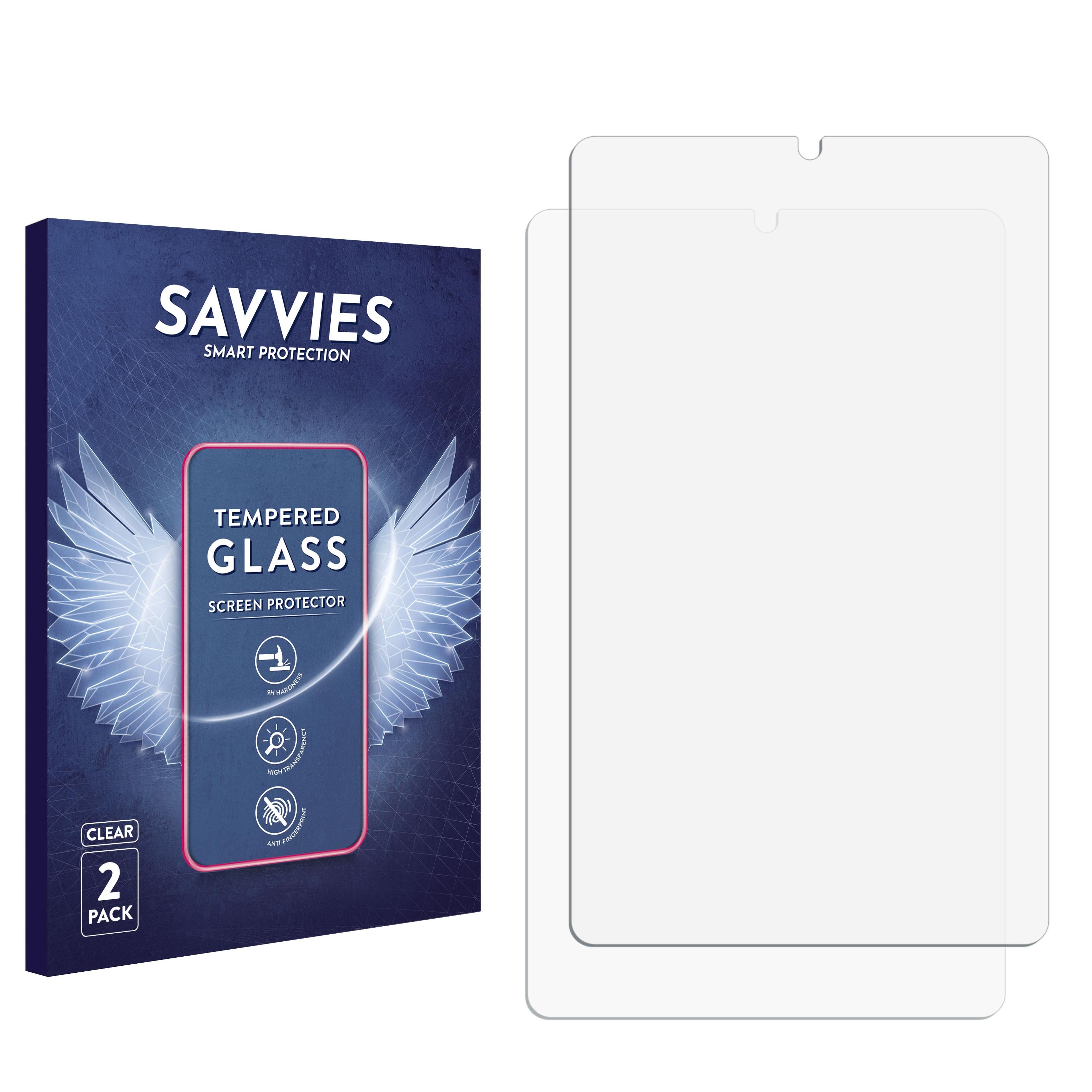 Zwei klare Displayschutzfolien aus gehärtetem Glas mit einer Box mit der Aufschrift Savvies.