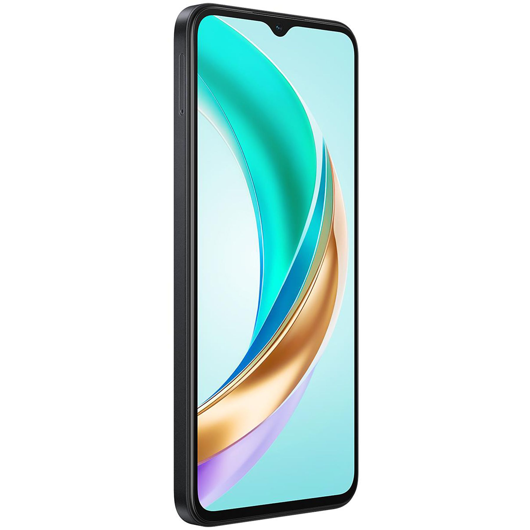 Czarny smartfon na białym tle z kolorowym wzorem na ekranie. Białe tło.