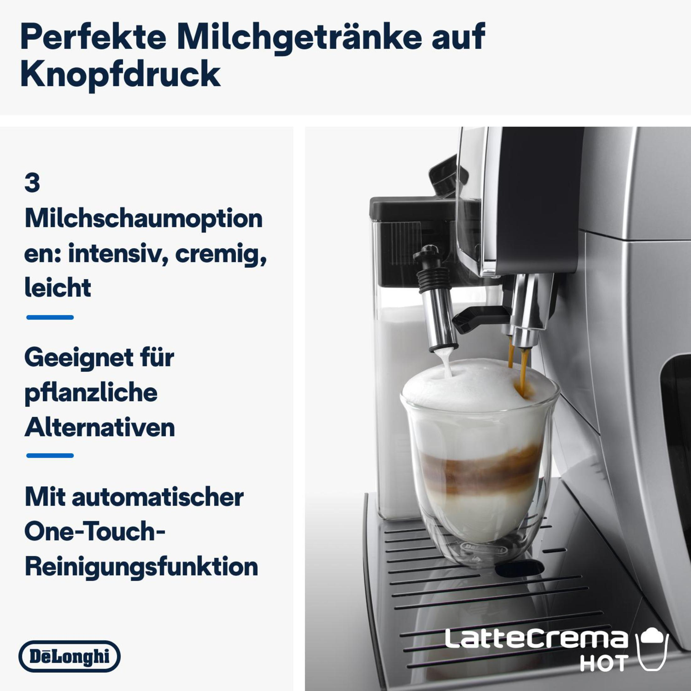 Cafetera LatteCrema caliente. Texto describe opciones de espuma de leche y limpieza.