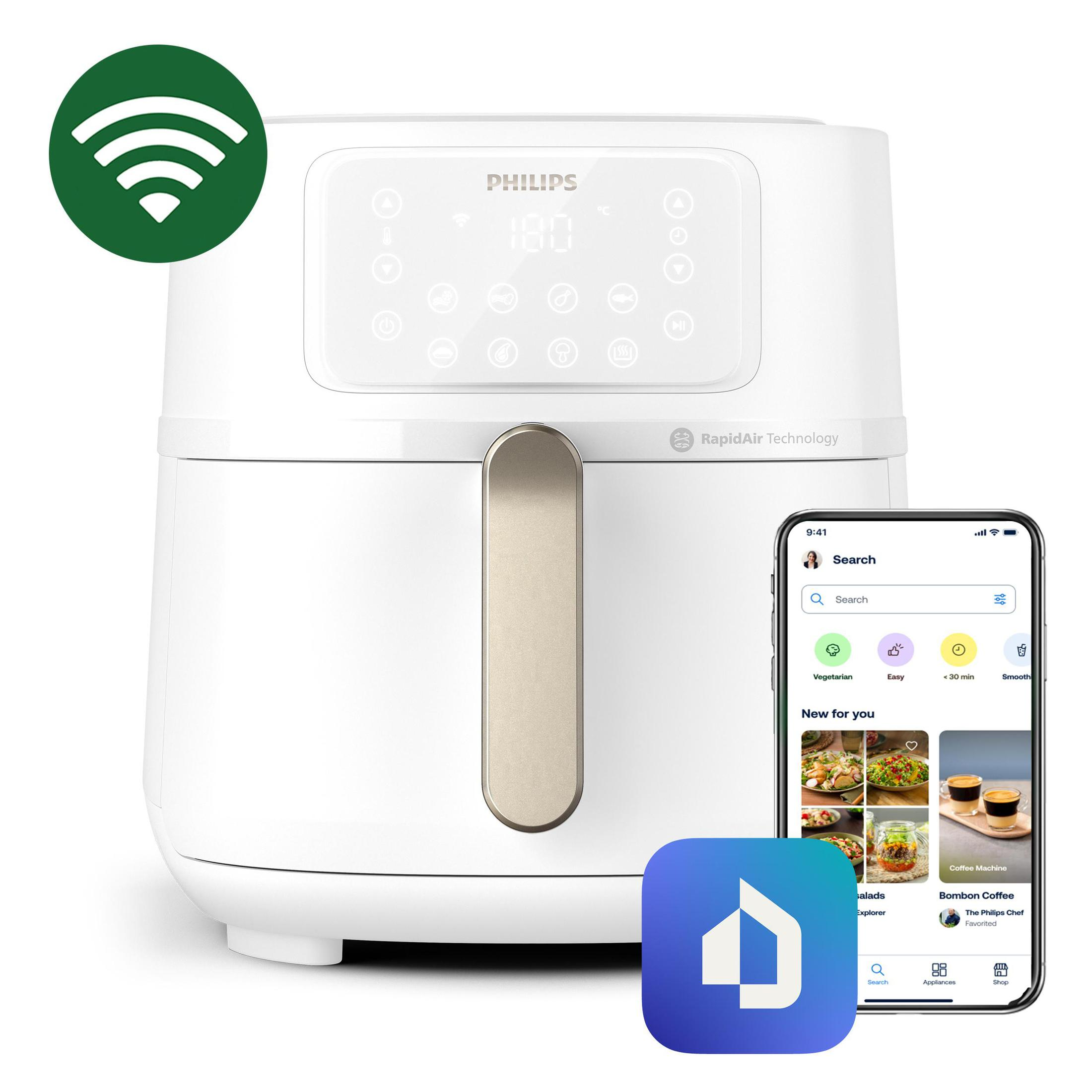 Friteuse à air Philips blanche et smartphone. Le téléphone affiche une interface d'application de cuisine.