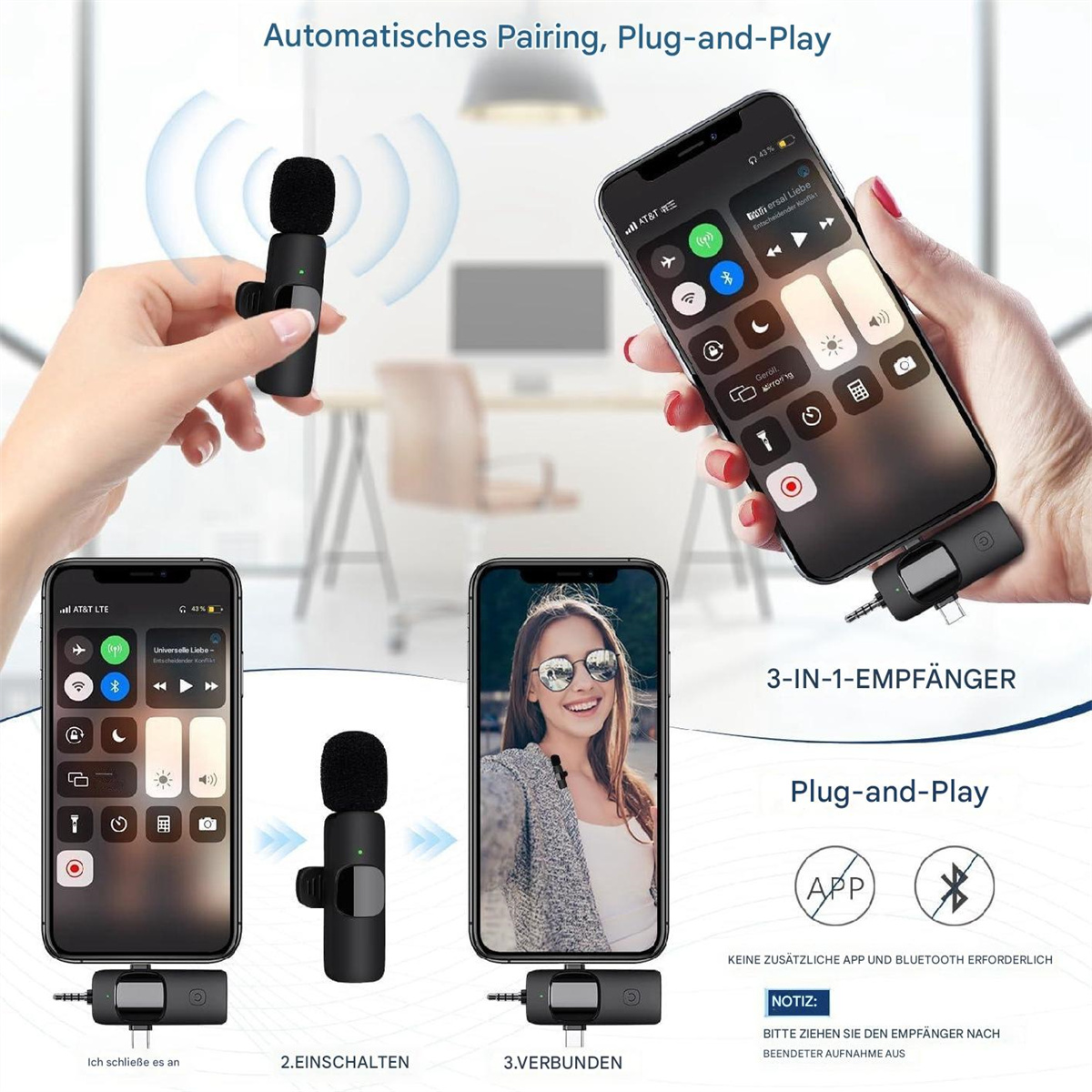 Drei Telefone und ein Mikrofon, die drahtloses Audio demonstrieren. Das rechte Telefon zeigt das Kontrollzentrum.