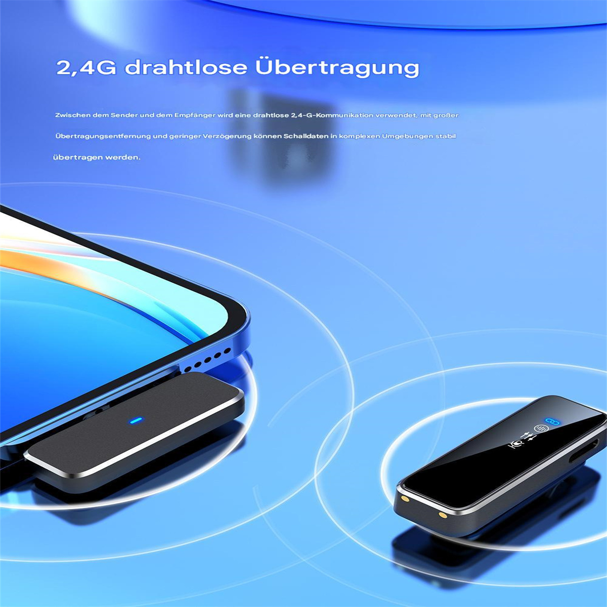 Zwei schwarze Geräte mit einem Telefon und Text über 2,4g-Funkübertragung.