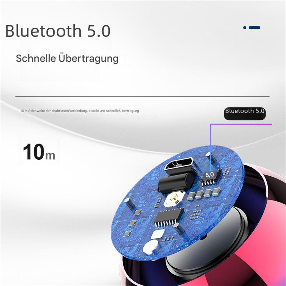 Elektronische Leiterplatte mit Bluetooth 5.0-Text und 10 m Reichweite.