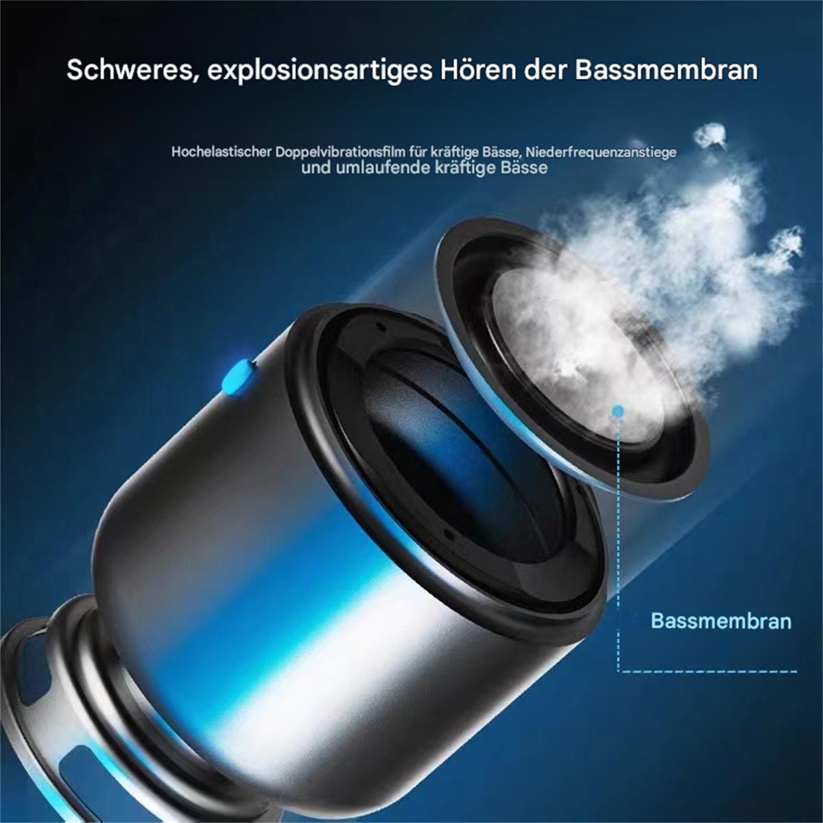Ein Lautsprecher mit blauem Licht und Text über die Bassmembran.