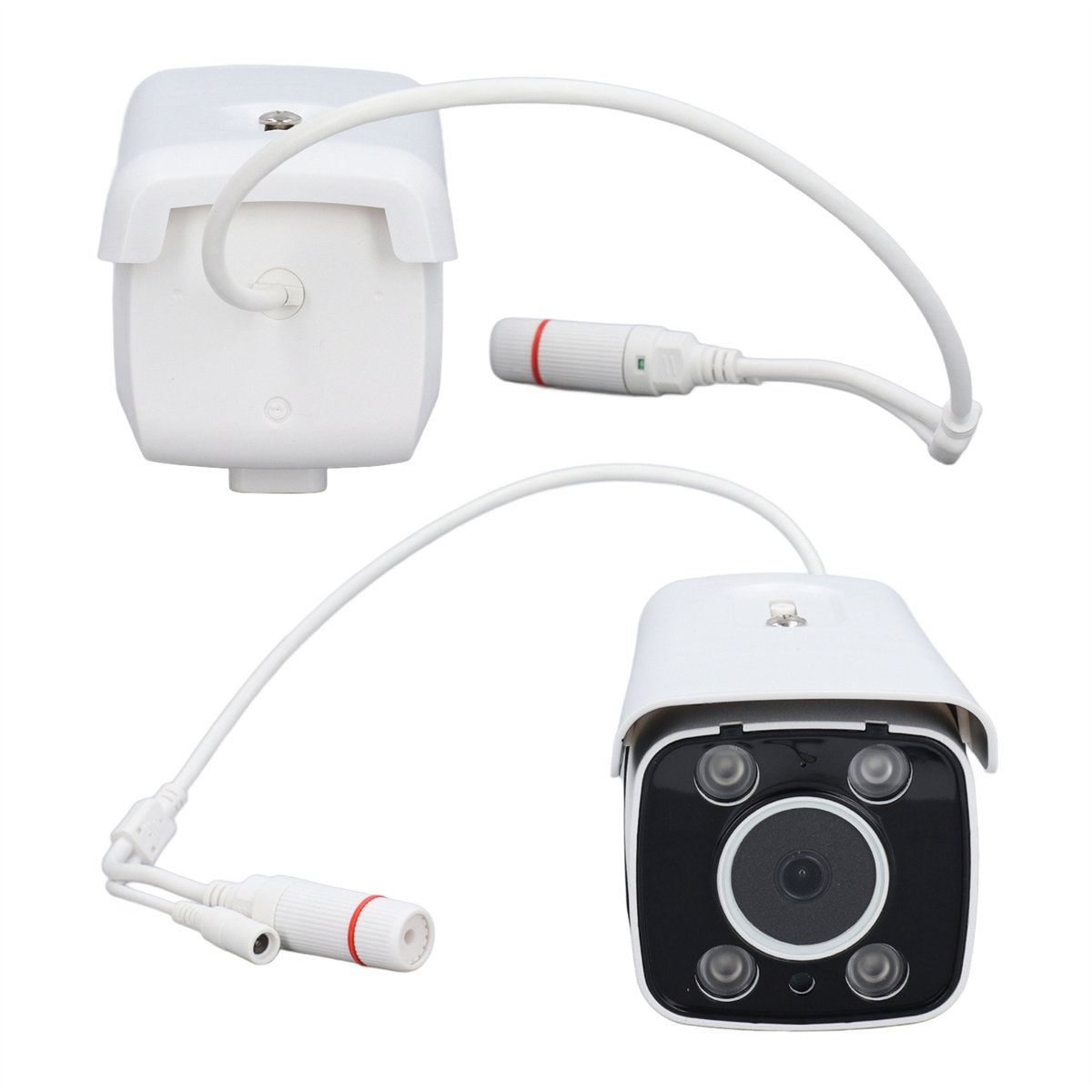 Weiße Überwachungskamera mit Kabel. Zwei Ansichten. Eine mit Anschlüssen, eine mit Linse.