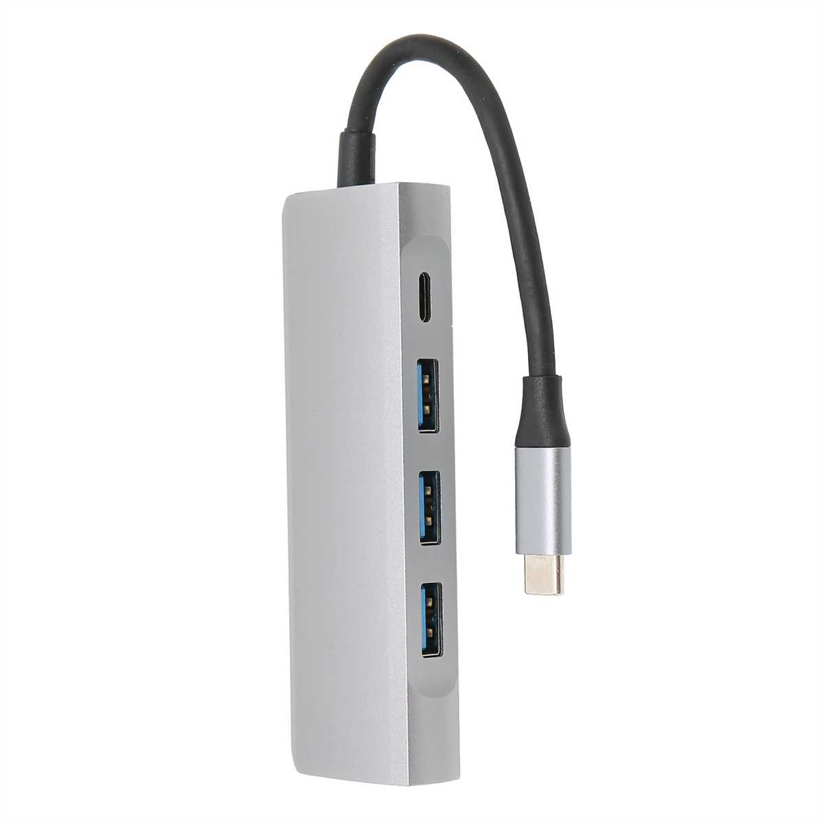 Silberner USB-C-Hub mit vier USB-Anschlüssen und einem schwarzen Kabel.