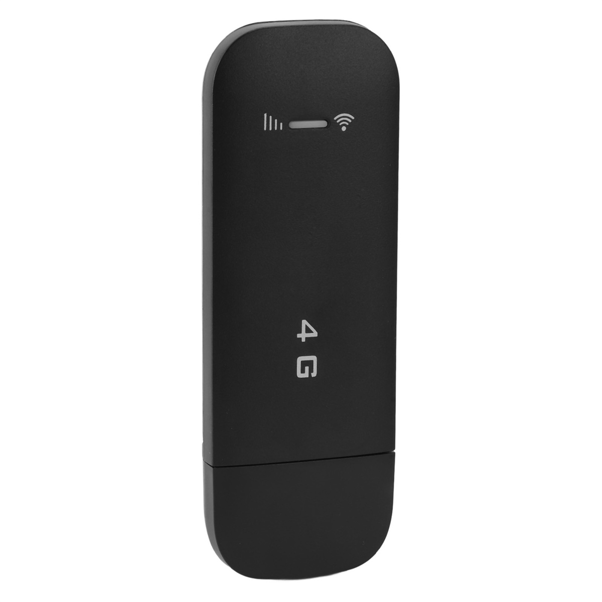 Ein schwarzes 4G-Mobil-Hotspot-Gerät auf weißem Hintergrund mit einem WLAN-Signal-Symbol.