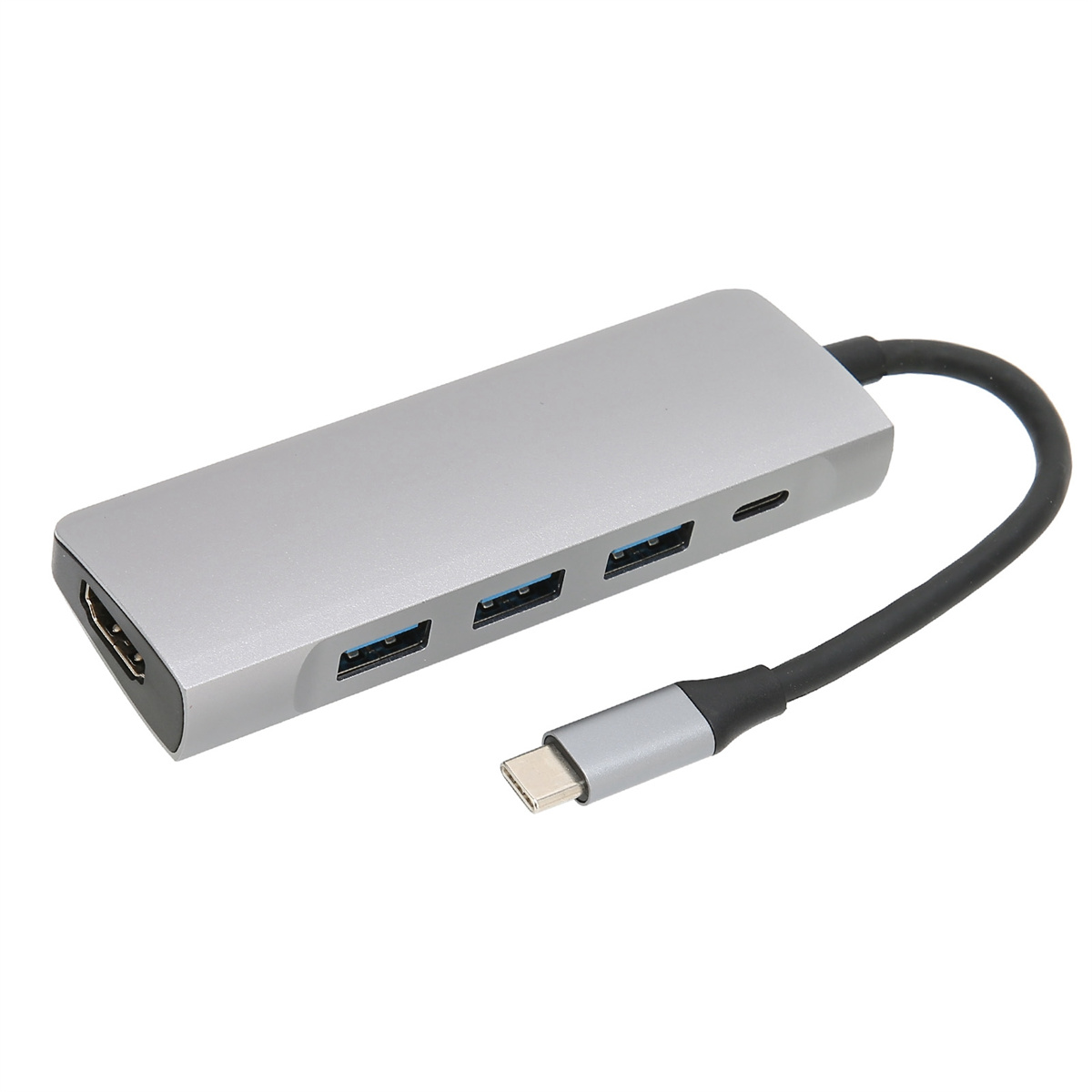 Silberner USB-Hub mit HDMI-, USB- und USB-C-Anschlüssen, verbunden mit einem schwarzen Kabel.