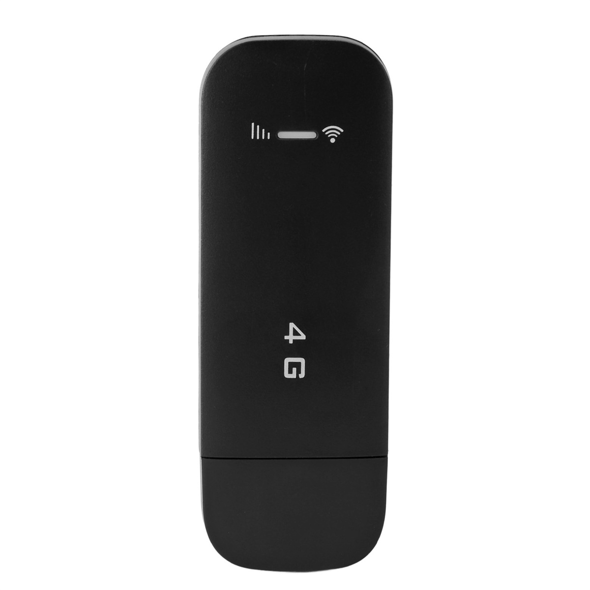 Schwarzer 4G mobiler WLAN-Router mit Kontrollleuchten und einem WLAN-Symbol vor weißem Hintergrund.