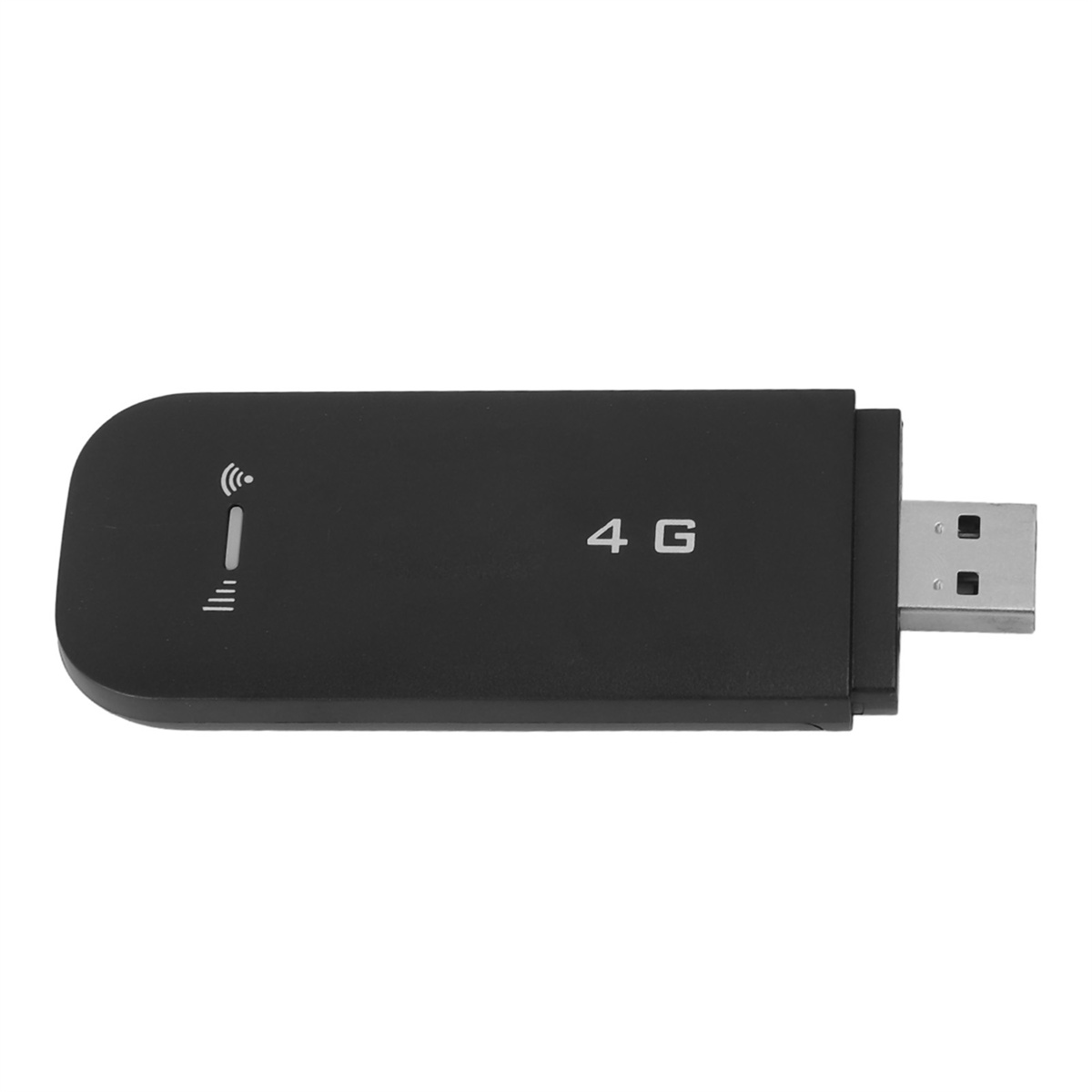 Schwarzes 4G-USB-Modem. Es hat einen USB-Anschluss und ein Antennensymbol. Der Text '4 G' ist aufgedruckt.