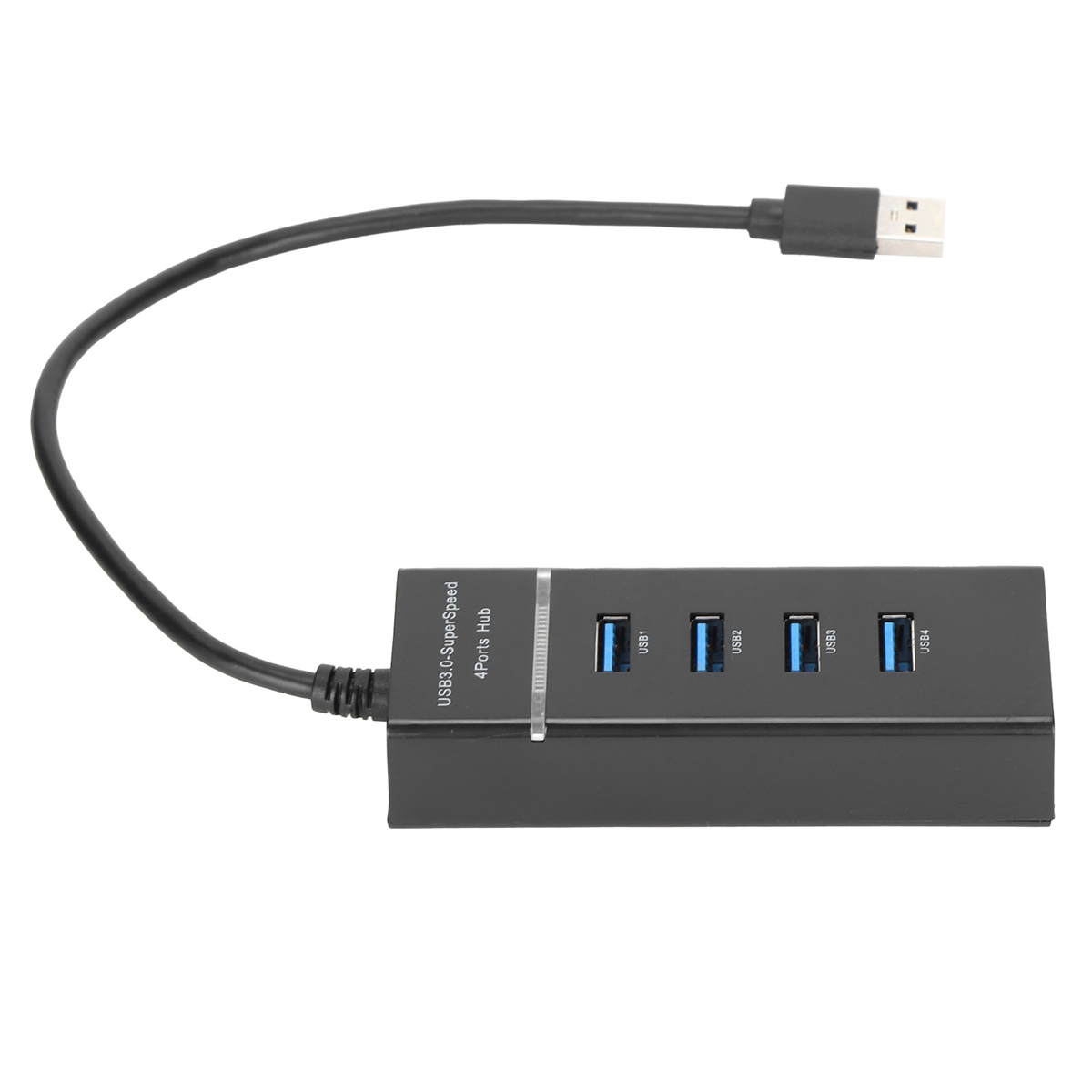 Schwarzer USB 3.0-Hub mit 4 Anschl üssen. USB-Kabel angeschlossen. 'USB3.0 SuperSpeed 4 Ports Hub' darauf.