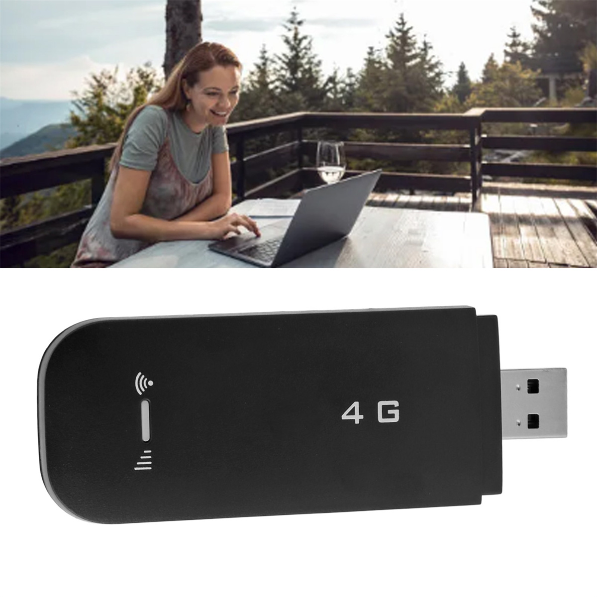 Frau arbeitet mit Laptop auf einer Terrasse, und ein schwarzes 4G USB Modem.