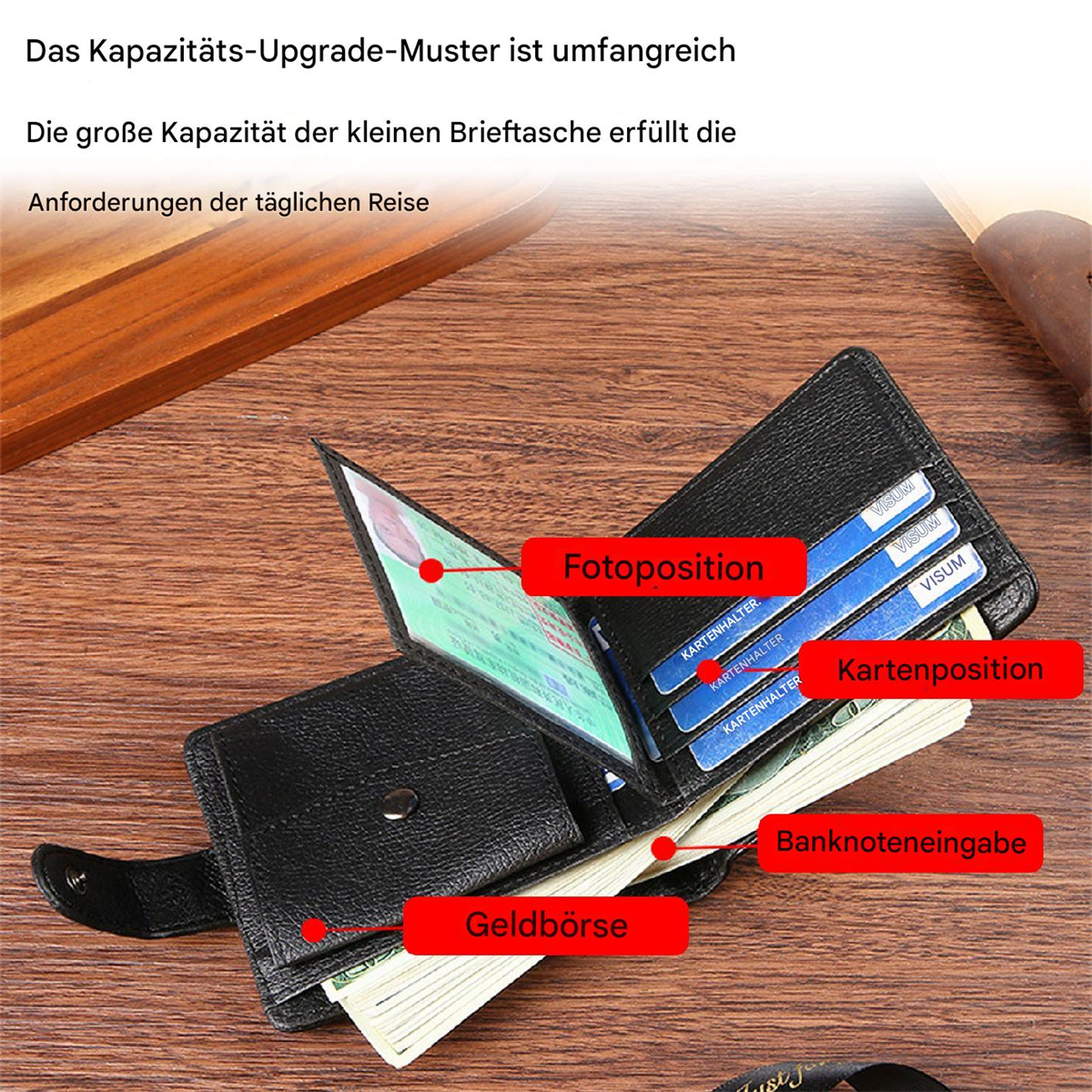 Geöffnete Geldbörse mit Karten und Bargeld. Text-Overlays auf Deutsch.