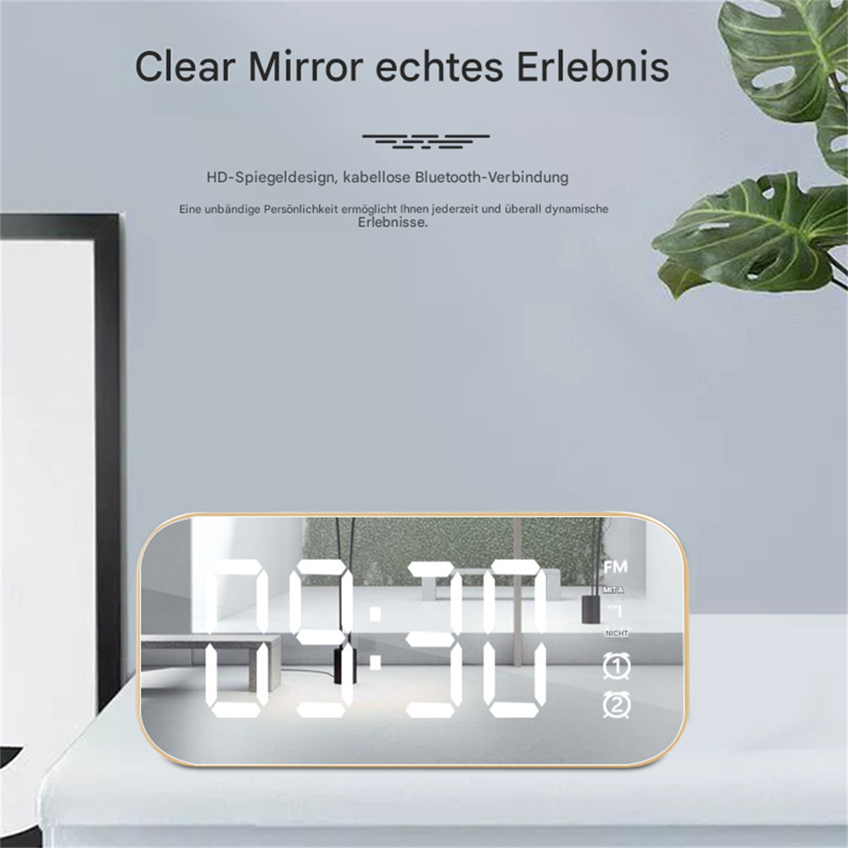 Digitaler Wecker mit Spiegelfläche, die die Uhrzeit anzeigt. Weiße Ziffern auf dunklem Hintergrund.