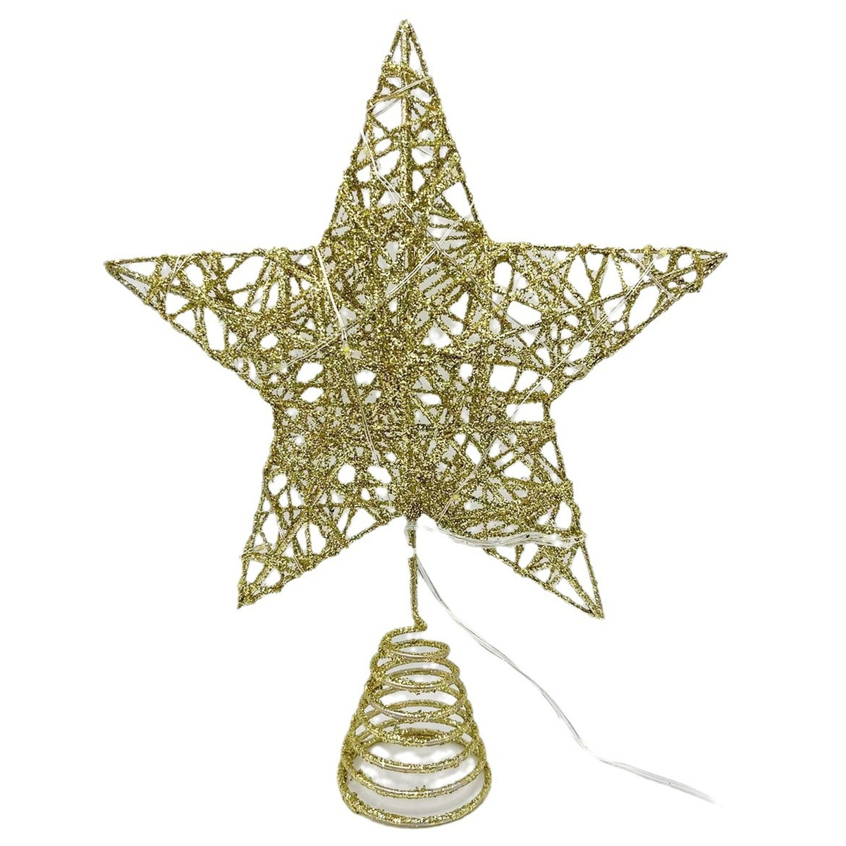 Ein goldener Stern-Weihnachtsbaumaufsatz. Es hat eine spiralförmige Basis und einen weißen Hintergrund.
