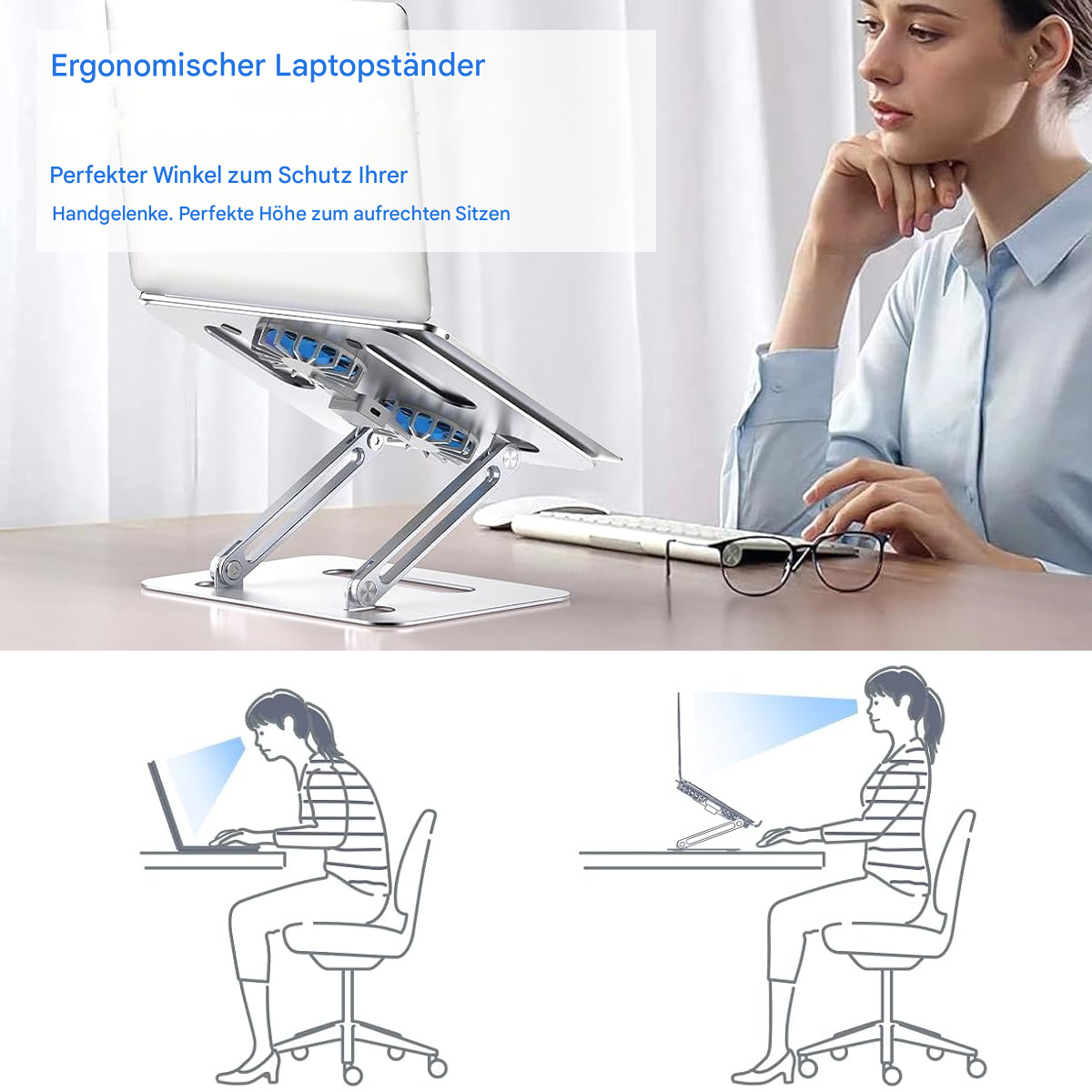 Eine Frau sitzt vor einem Laptop mit einem Laptopständer. Sie schaut auf den Bildschirm.
