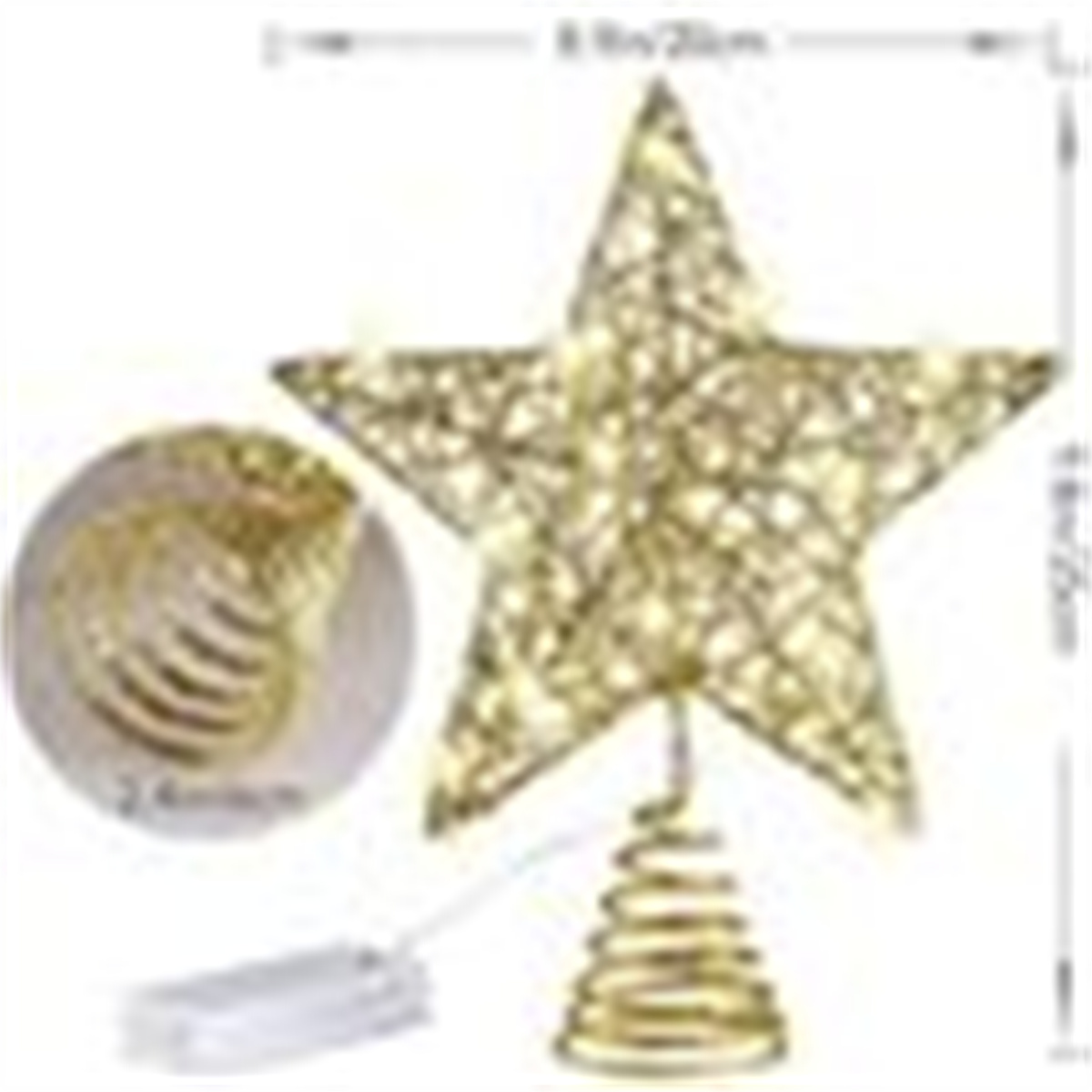 Eine goldene, sternförmige Weihnachtsbaumspitze mit gewendelter Basis und Licht.