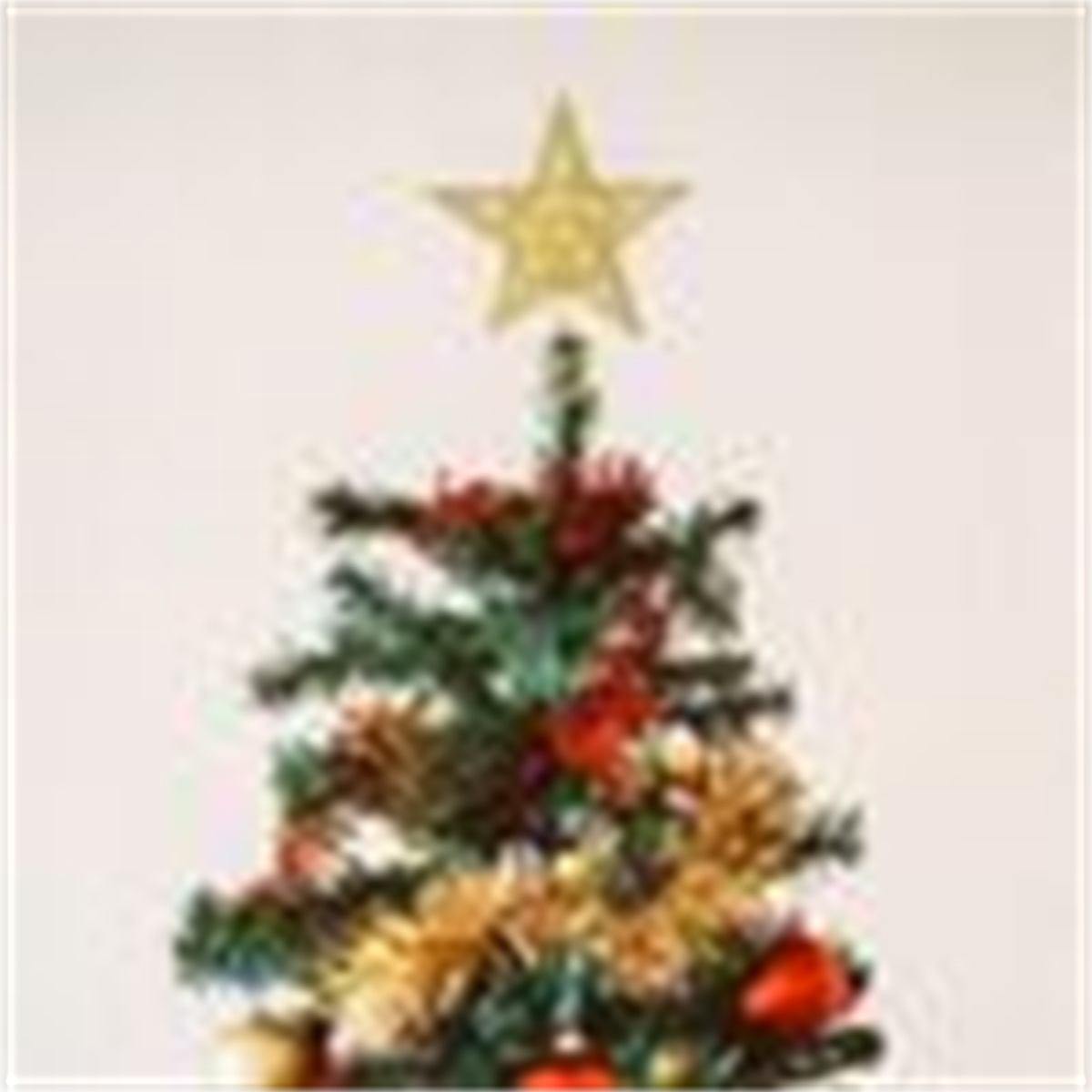 Weihnachtsbaum mit goldenem Stern. Der Baum hat rote Ornamente und goldenen Lametta.