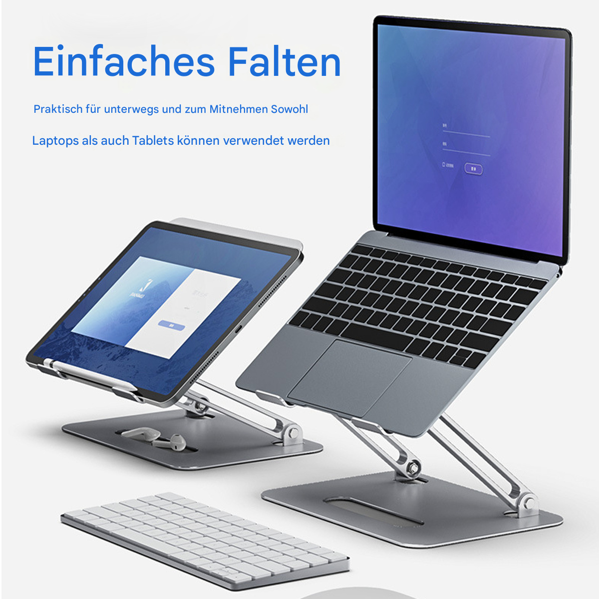 Zwei Laptops und ein Tablet auf Ständern. Eine weiße Tastatur befindet sich vorne. Text auf Deutsch oben.