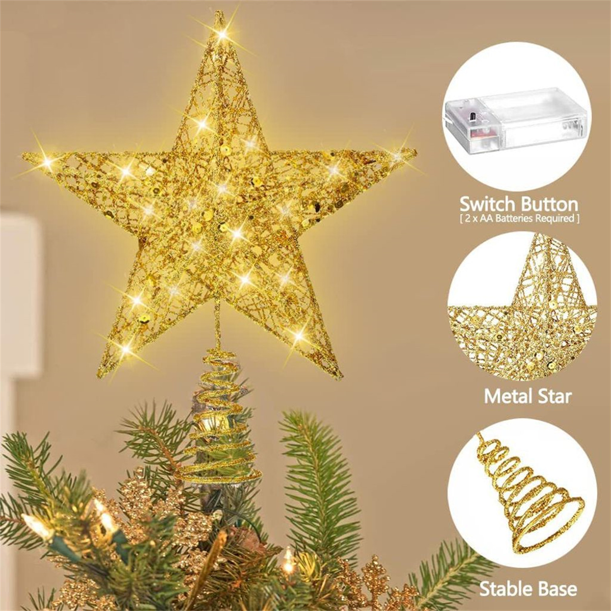 Goldener Stern Weihnachtsbaumspitze mit Lichtern, Sockel und Batteriefach.