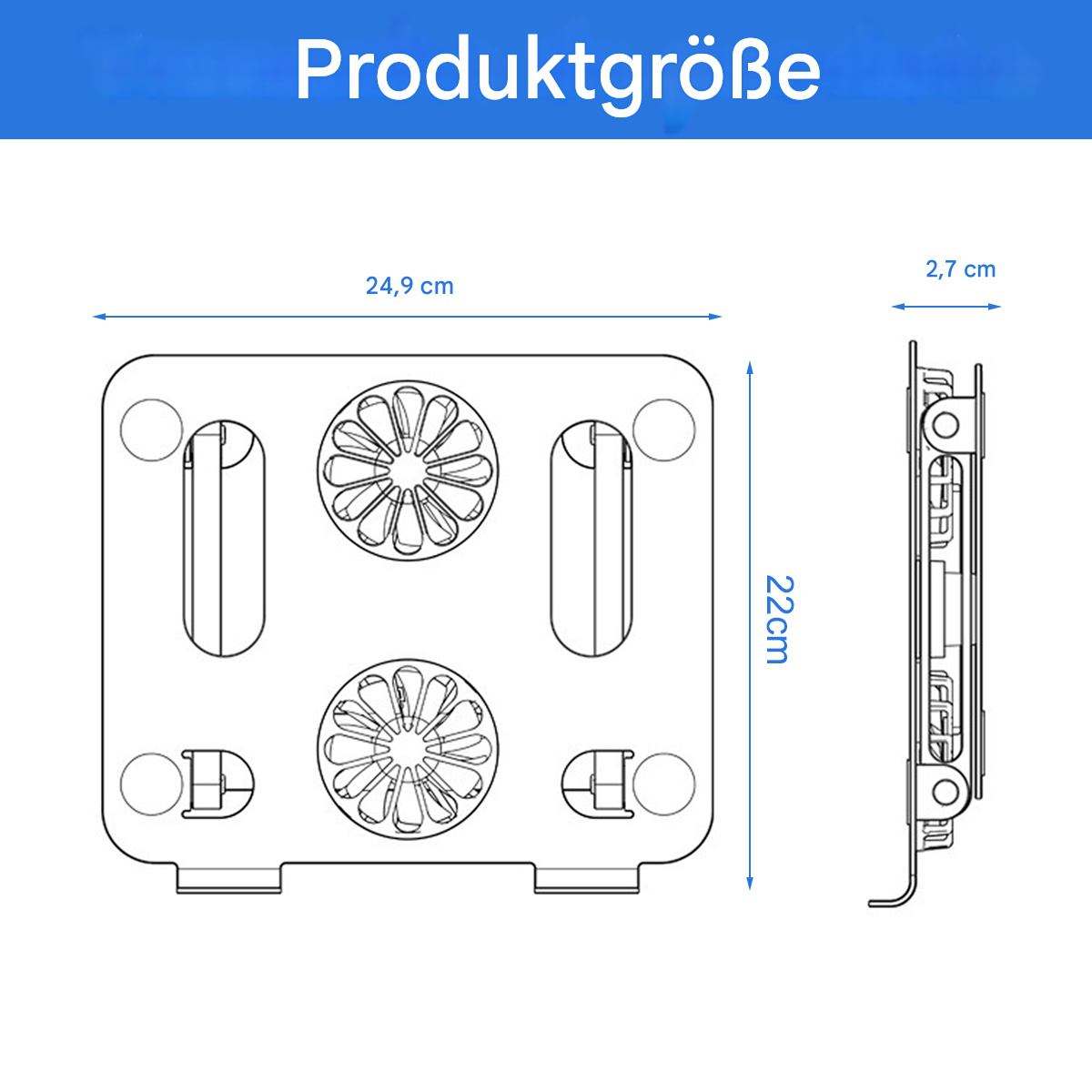 Ein Produktdiagramm, das die Abmessungen eines rechteckigen Objekts zeigt.
