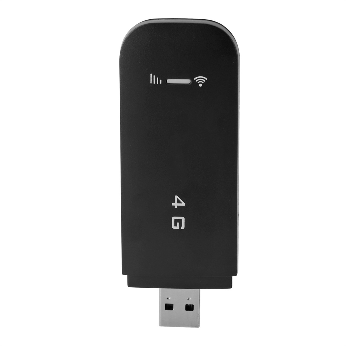 Schwarzes 4G-USB-Modem mit USB-Anschluss und WLAN-Signal-Symbol.