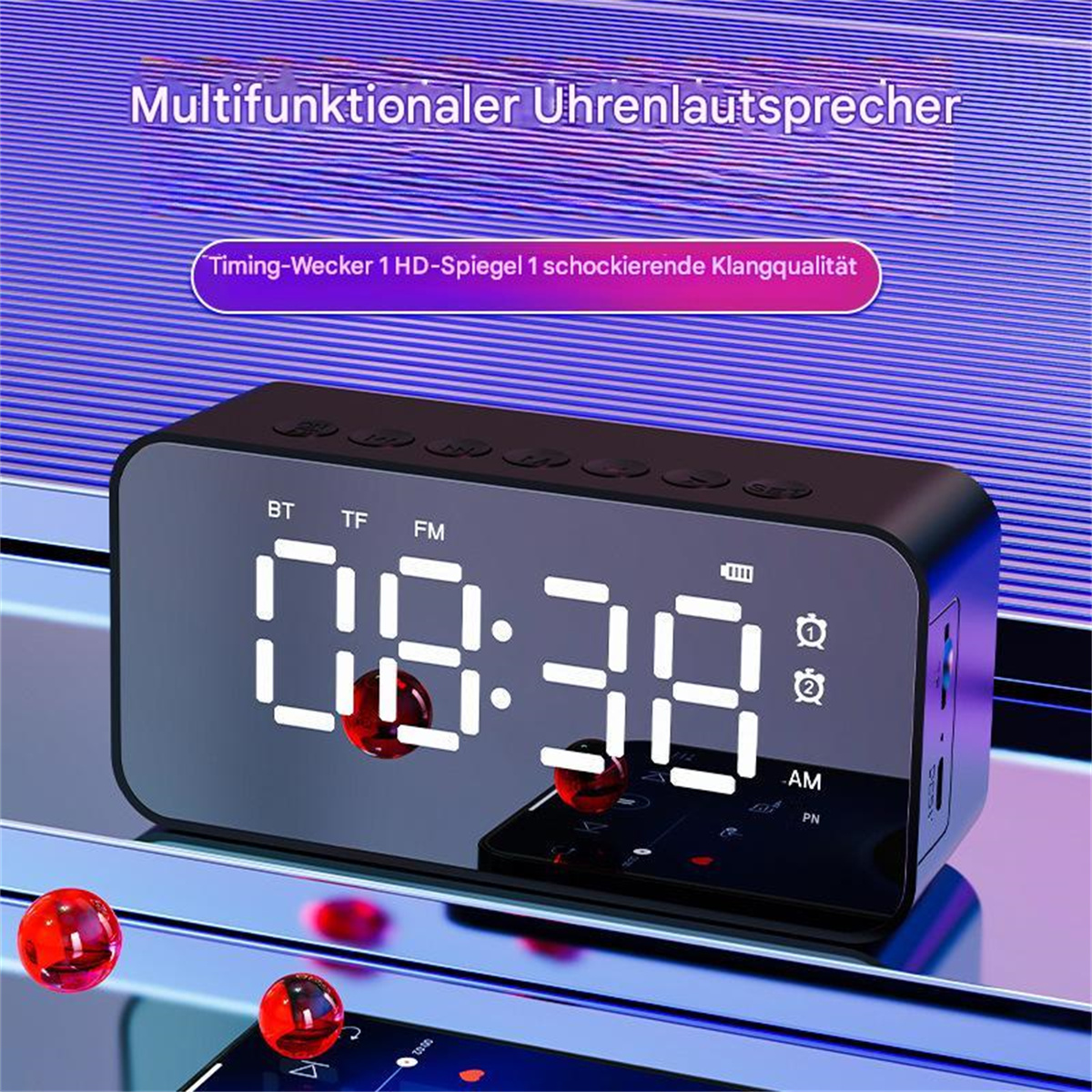 Schwarzer digitaler Wecker mit hellem Display. Er zeigt die Uhrzeit 08:38 an. Es gibt zwei kleine rote Kugeln.